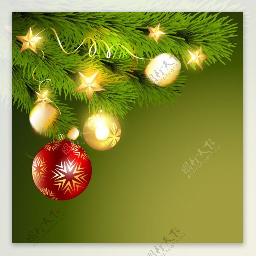 带球和树枝的绿色圣诞背景