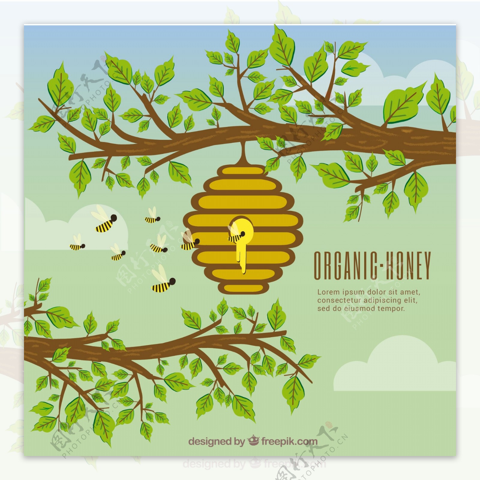 创意树枝上的蜂窝和蜜蜂矢量素材