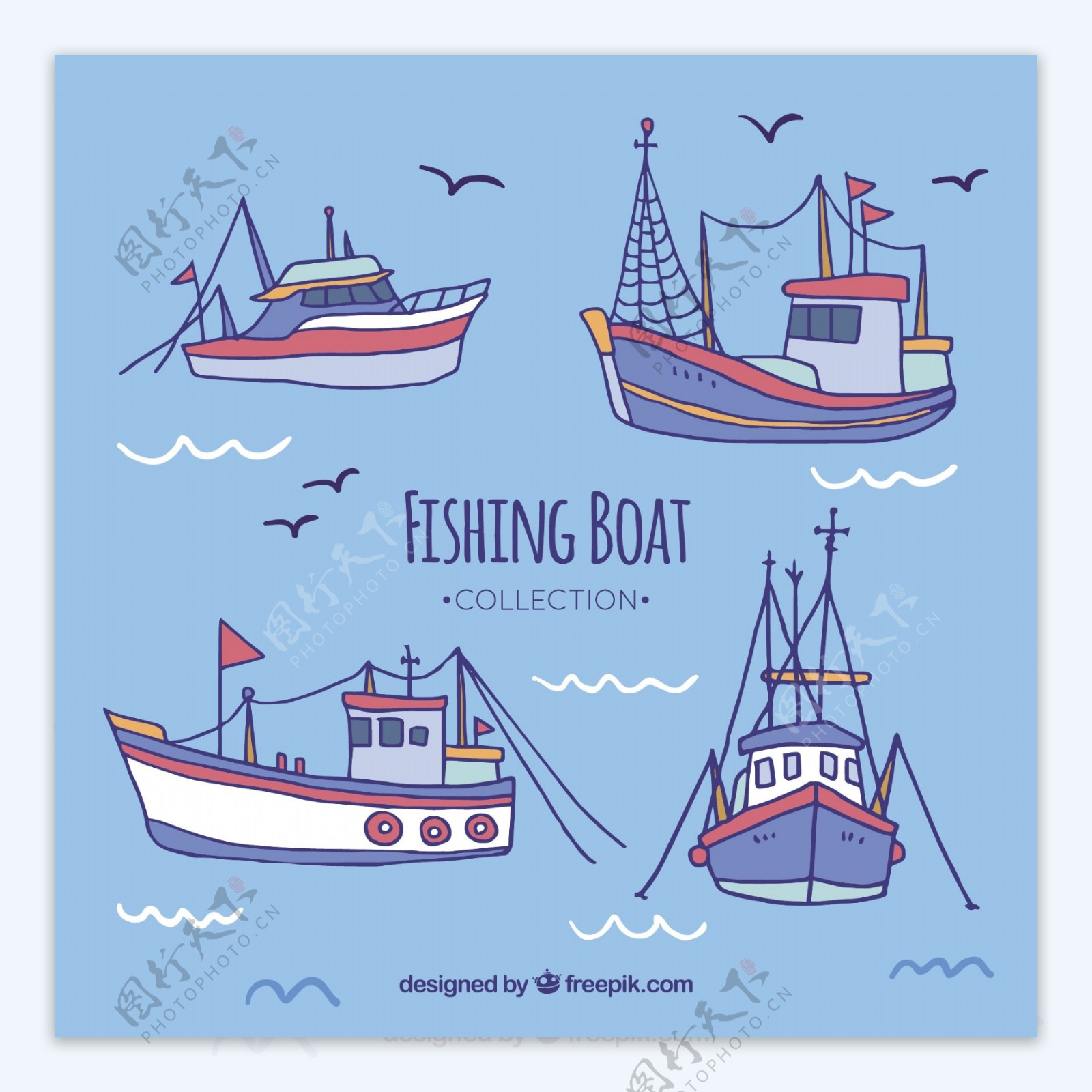 美丽的手绘渔船插图