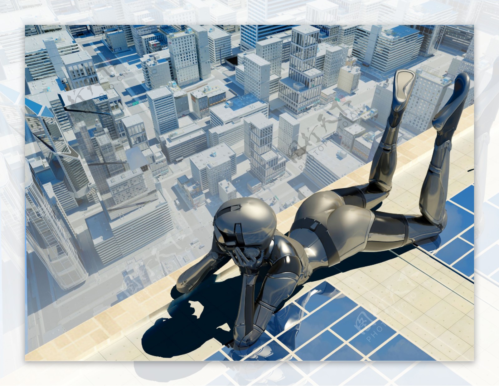 趴着俯瞰城市风光的3D机器人图片