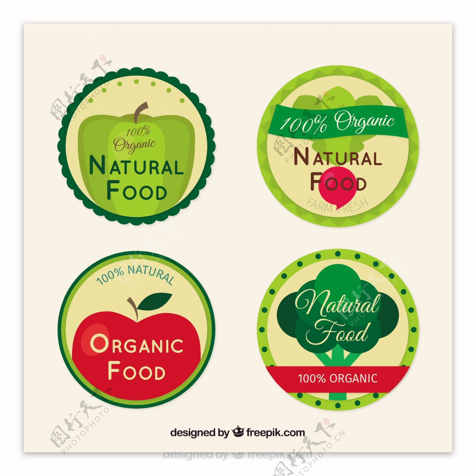 四种圆形扁平风格有机食品的标签