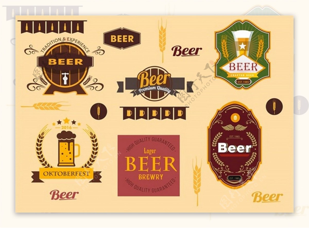 啤酒标签集复古的设计风格自由向量