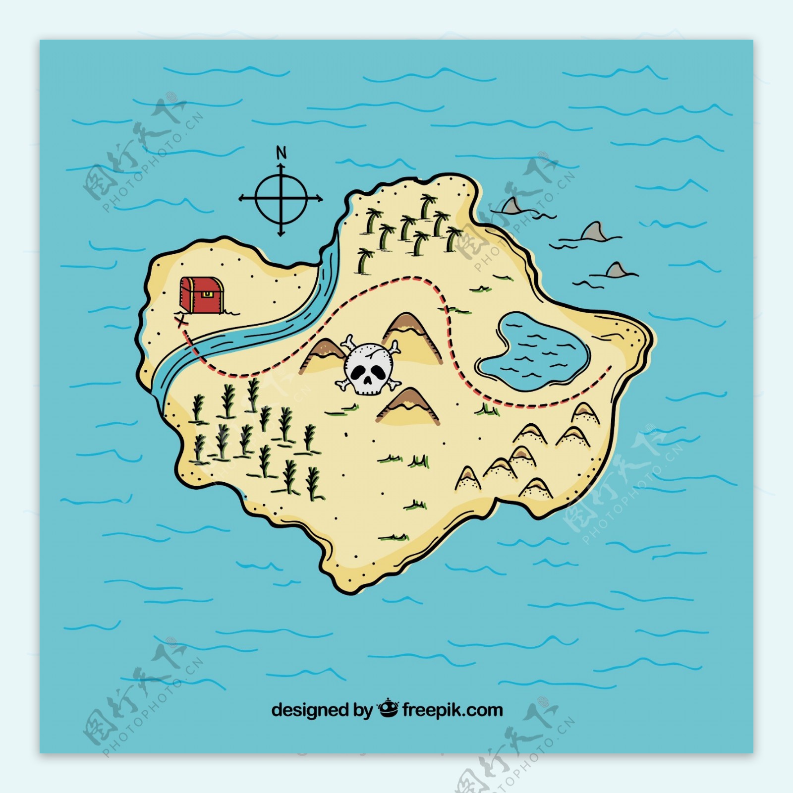 手绘海岛背景海盗宝藏图