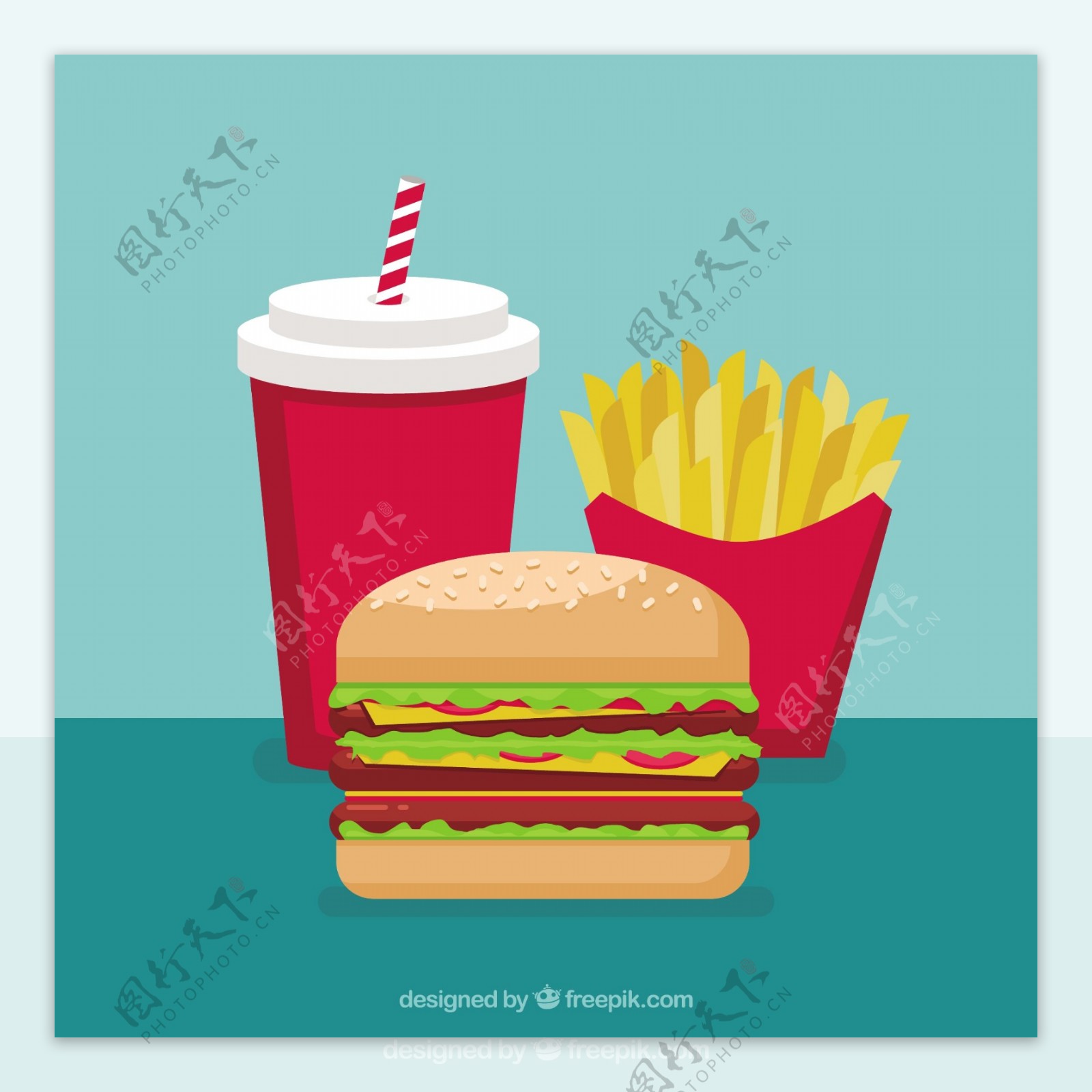 手绘汉堡薯条插图与蓝色背景