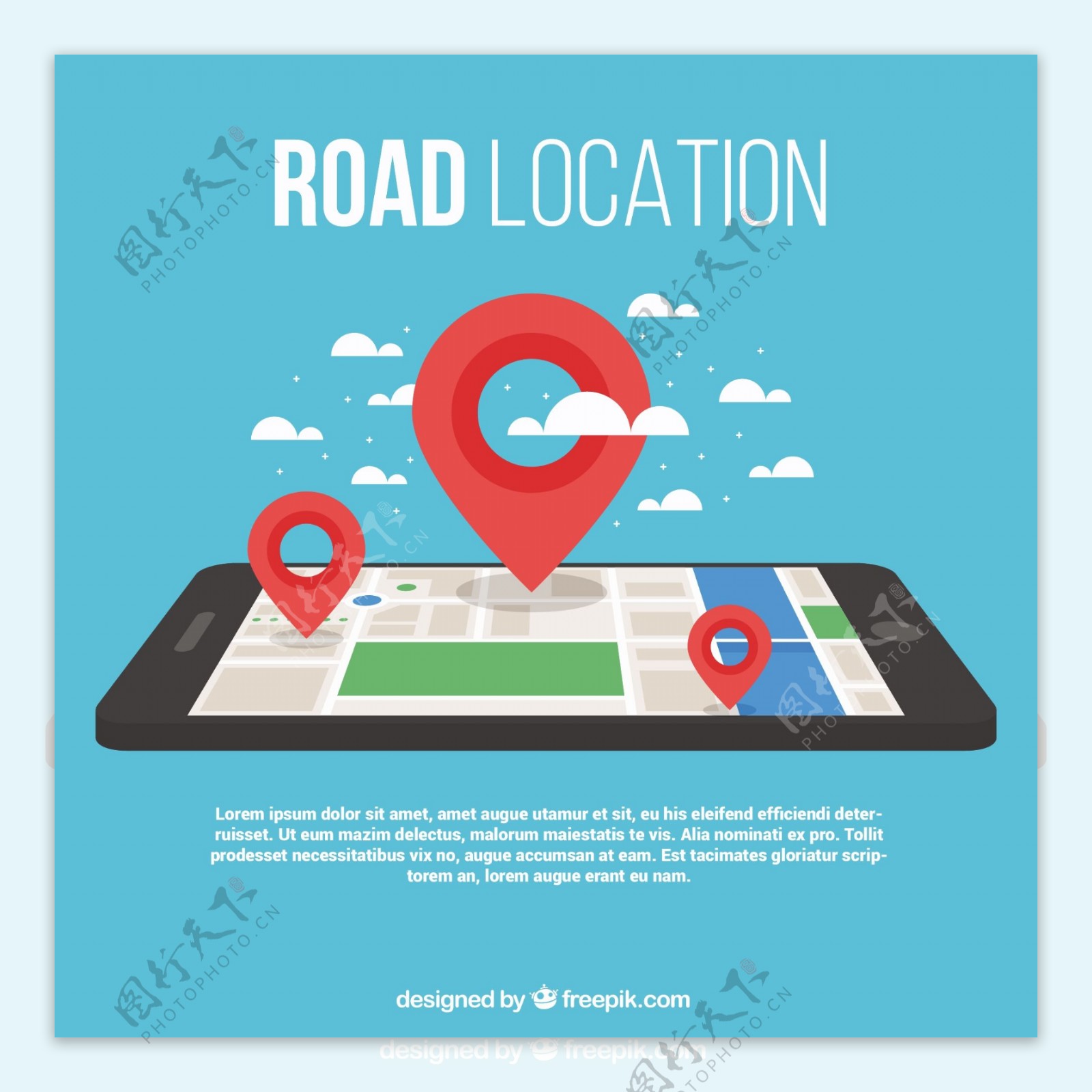 智能手机和三个地标的道路地图背景