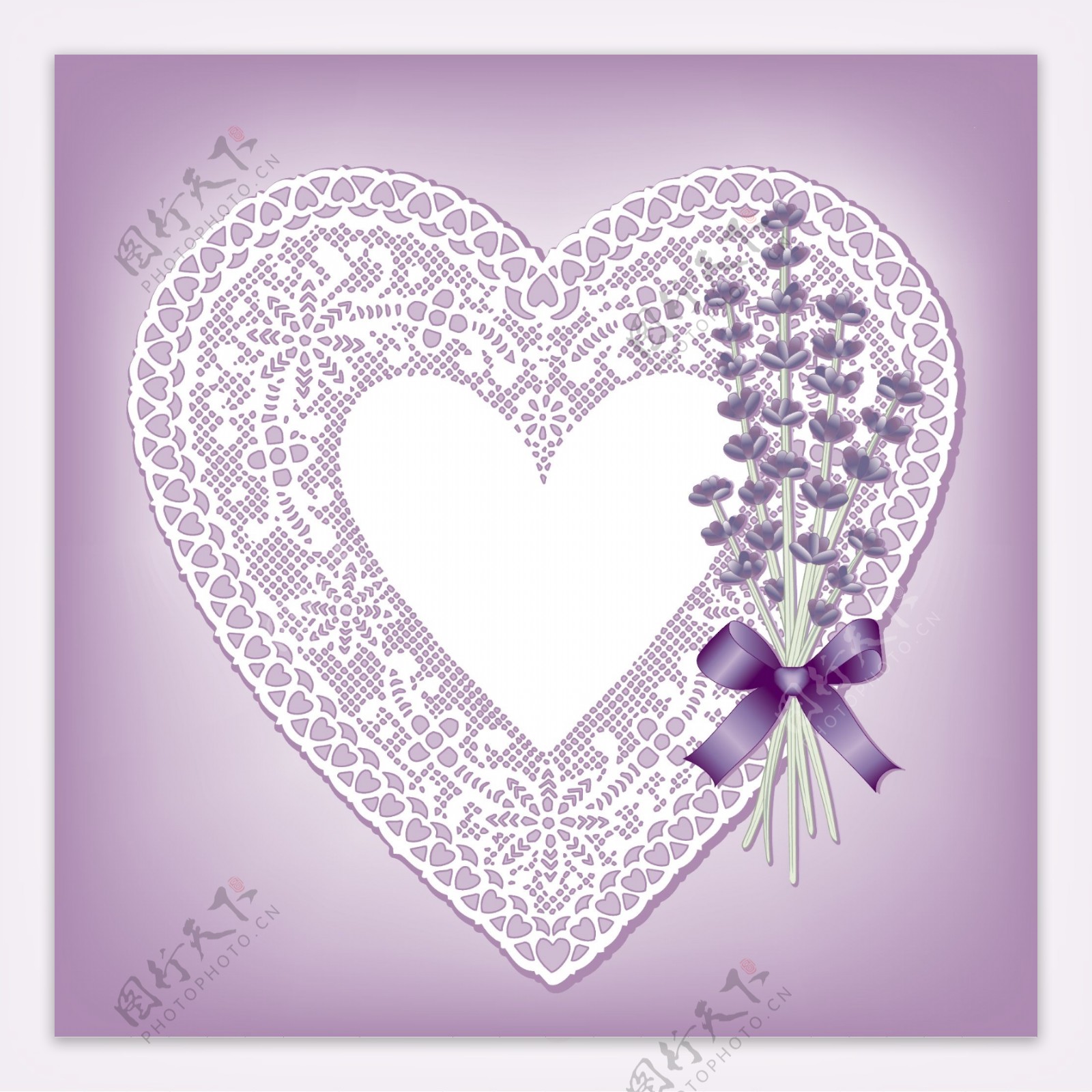 花边心卡与紫色的花向量