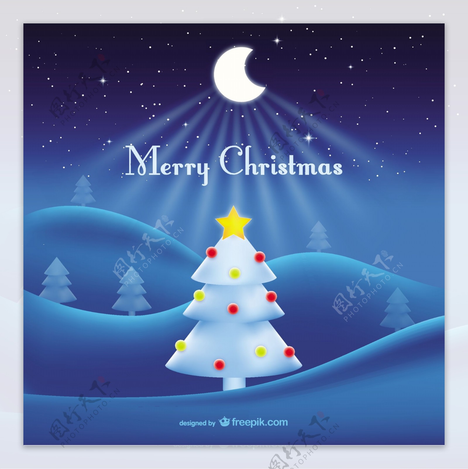 圣诞快乐的背景有闪闪发光的月亮和白色的圣诞树