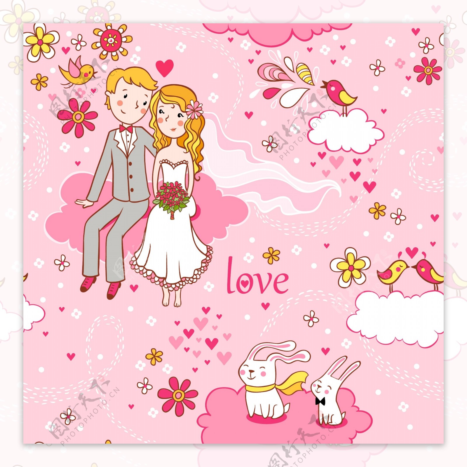 卡通新郎新娘和兔子背景矢量素材