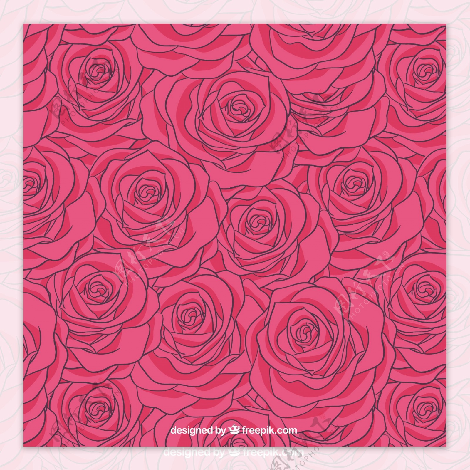 手绘红玫瑰花朵无缝背景矢量图图片