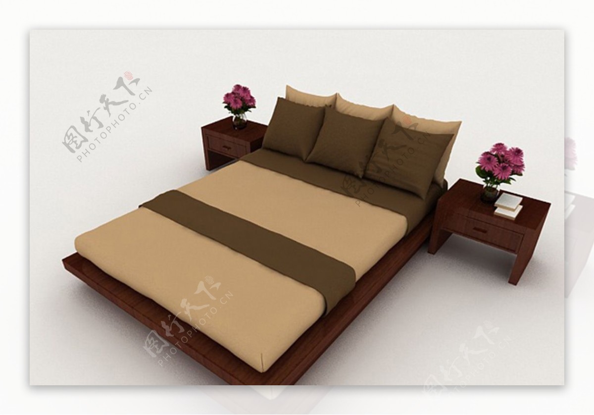 新中式棕色双人床3d模型下载