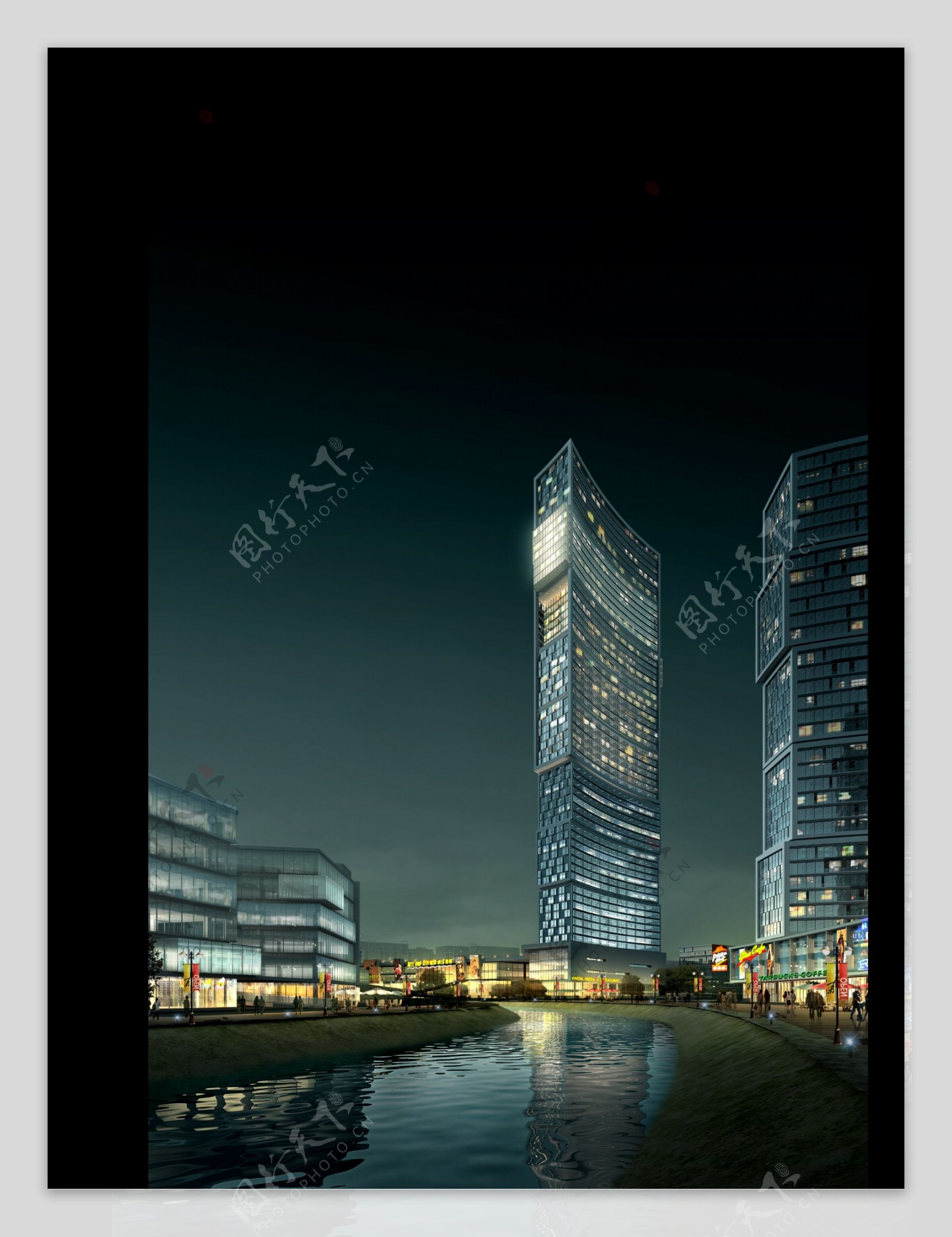 现代城市高楼外观夜景效果图