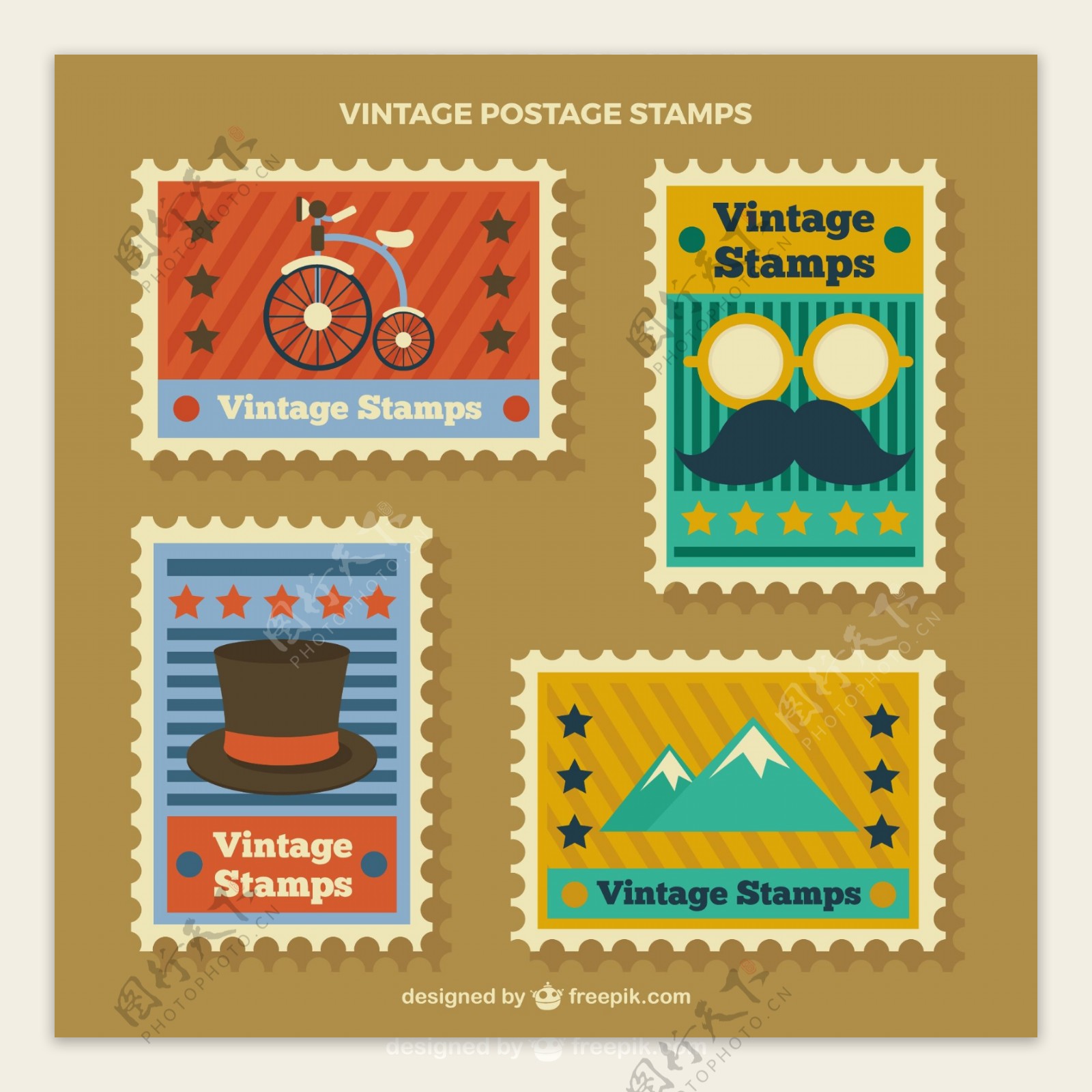 带有复古元素的邮票在平面设计中