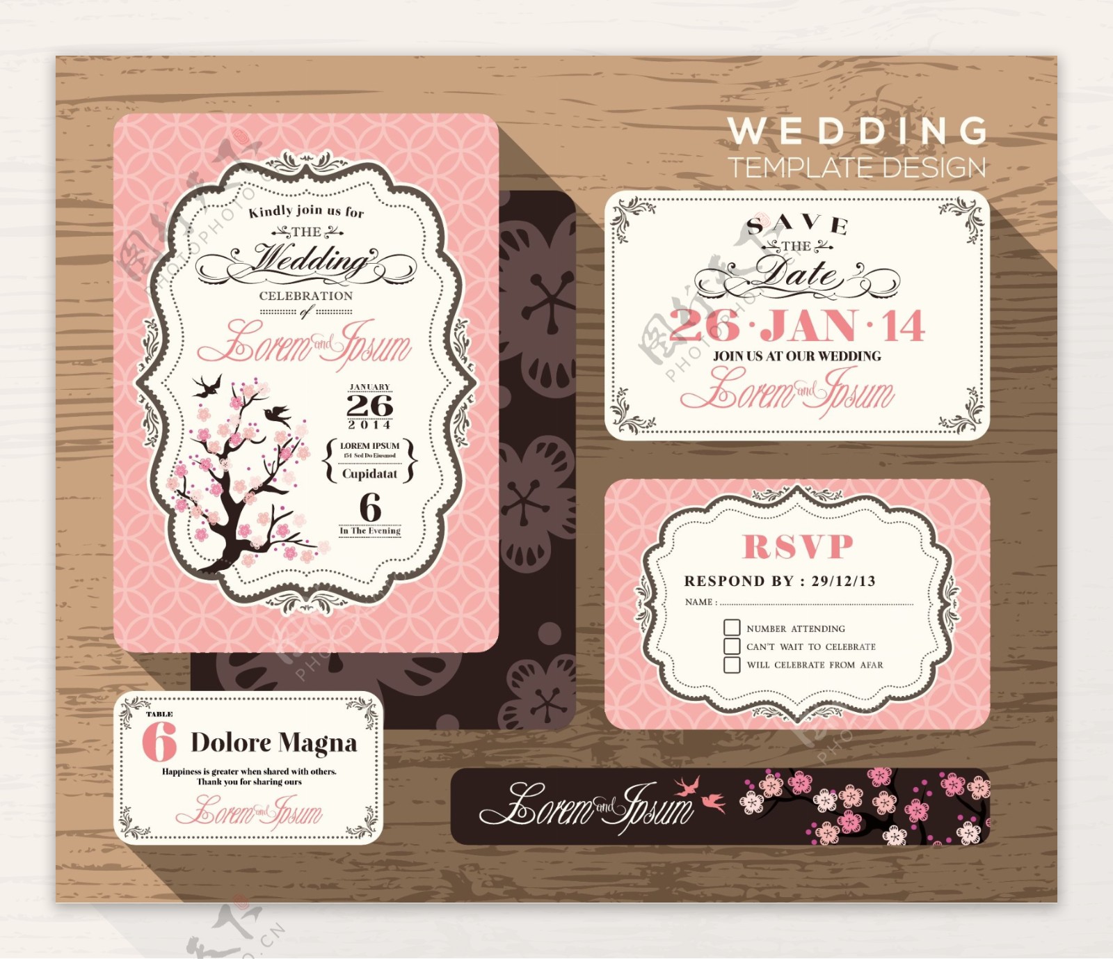 5款粉色婚礼卡片设计矢量图