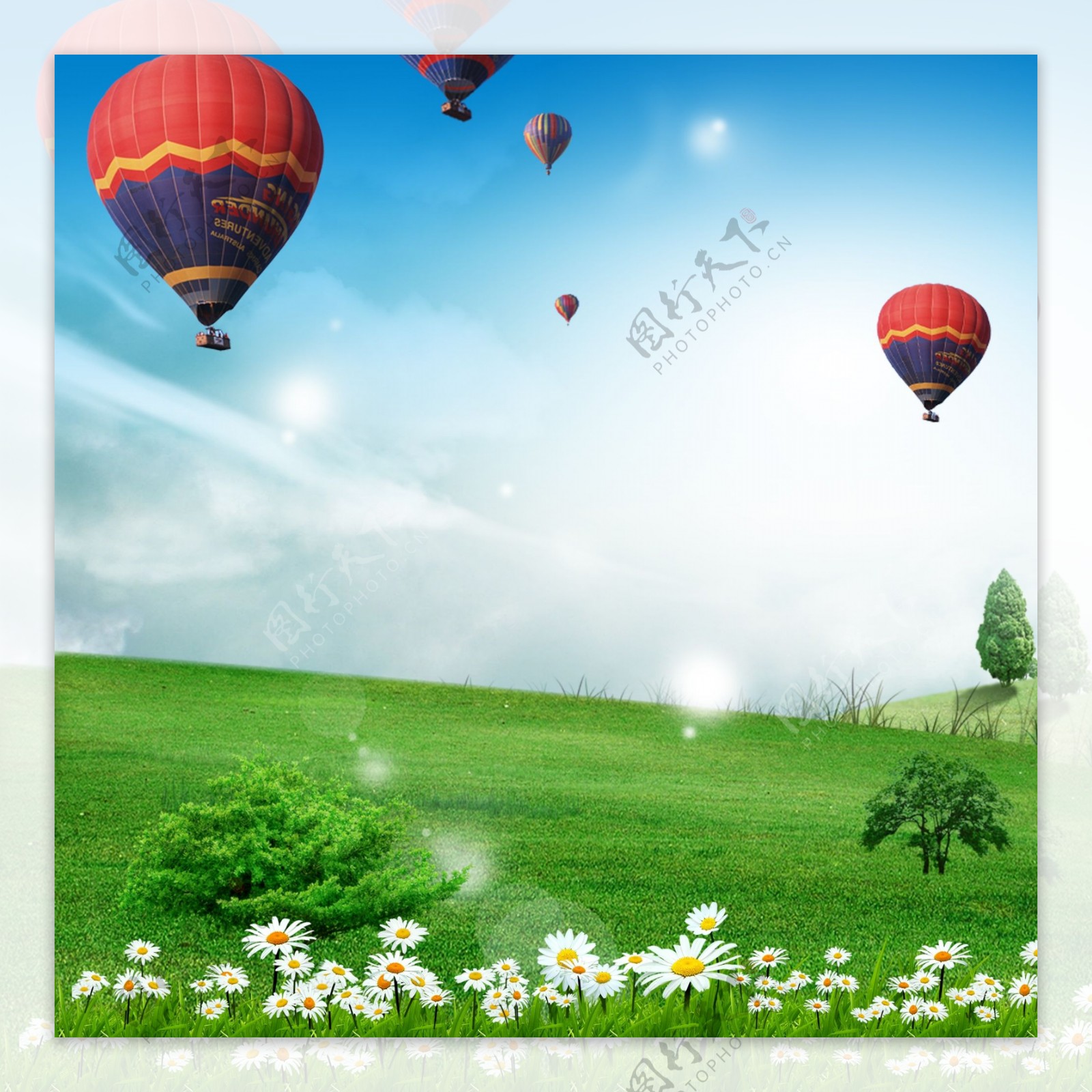 花草树蓝天白云热气球高光素材