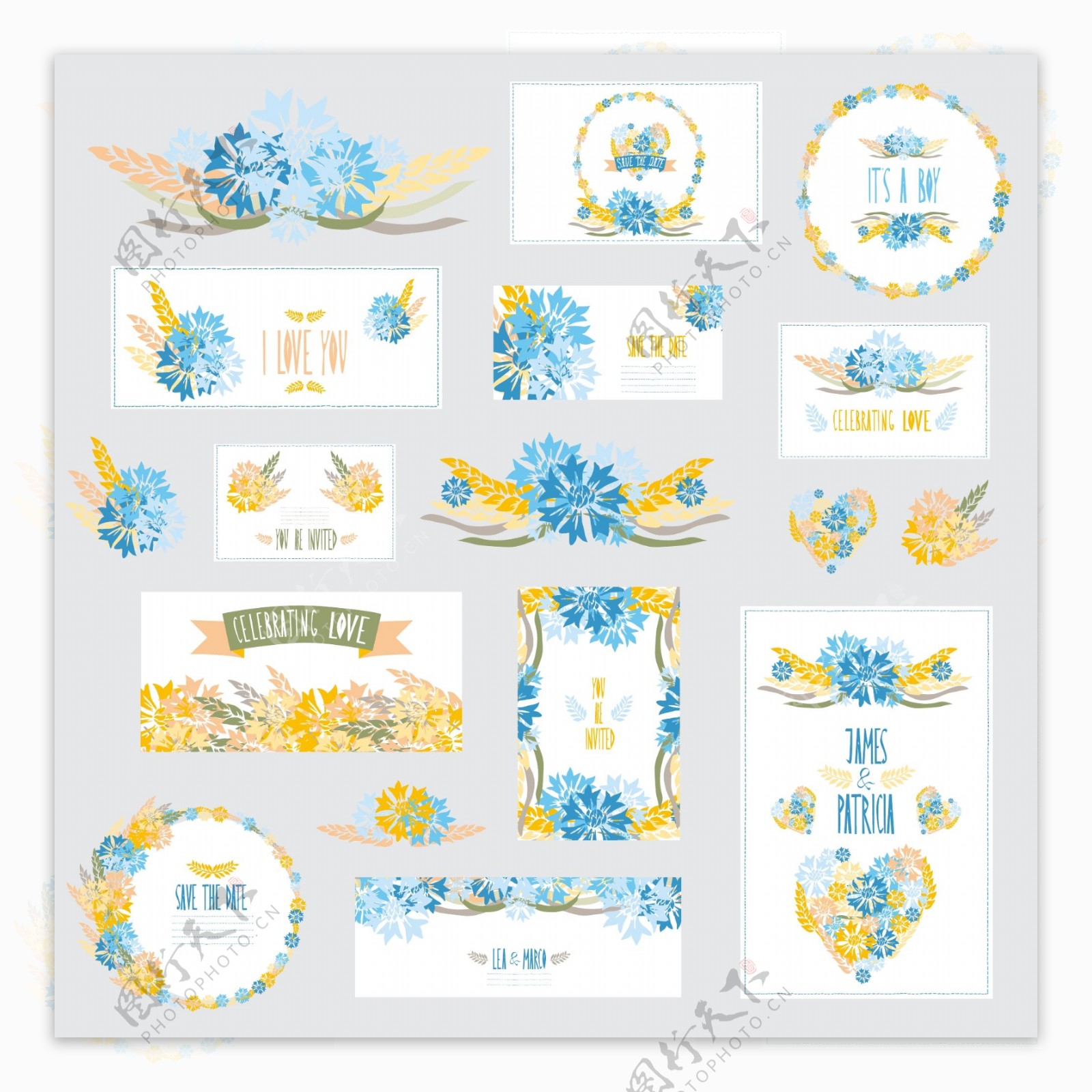 蓝黄植物花朵婚礼卡片模板下载