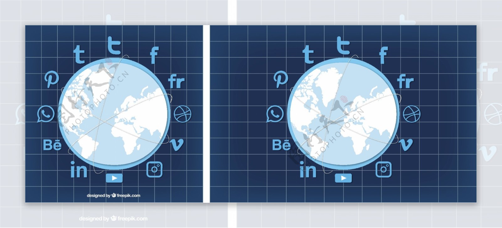 蓝色背景与世界地图和社交网络图标