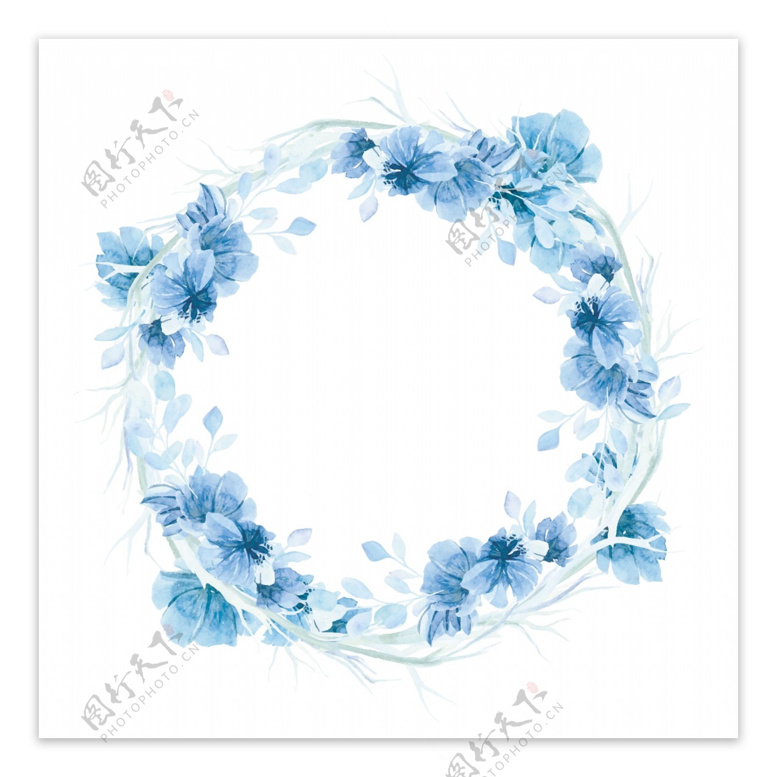 蓝色水彩花卉花环背景