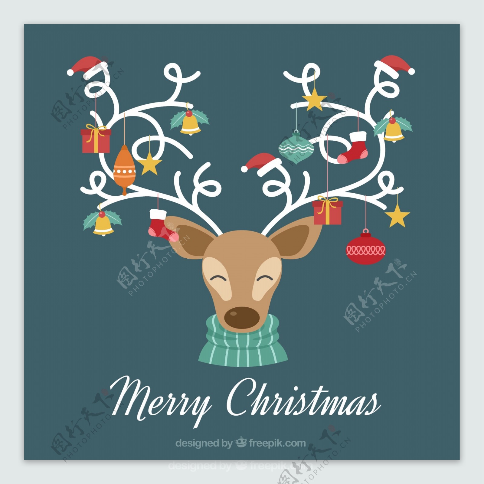 圣诞快乐圣诞背景与驯鹿圣诞饰品