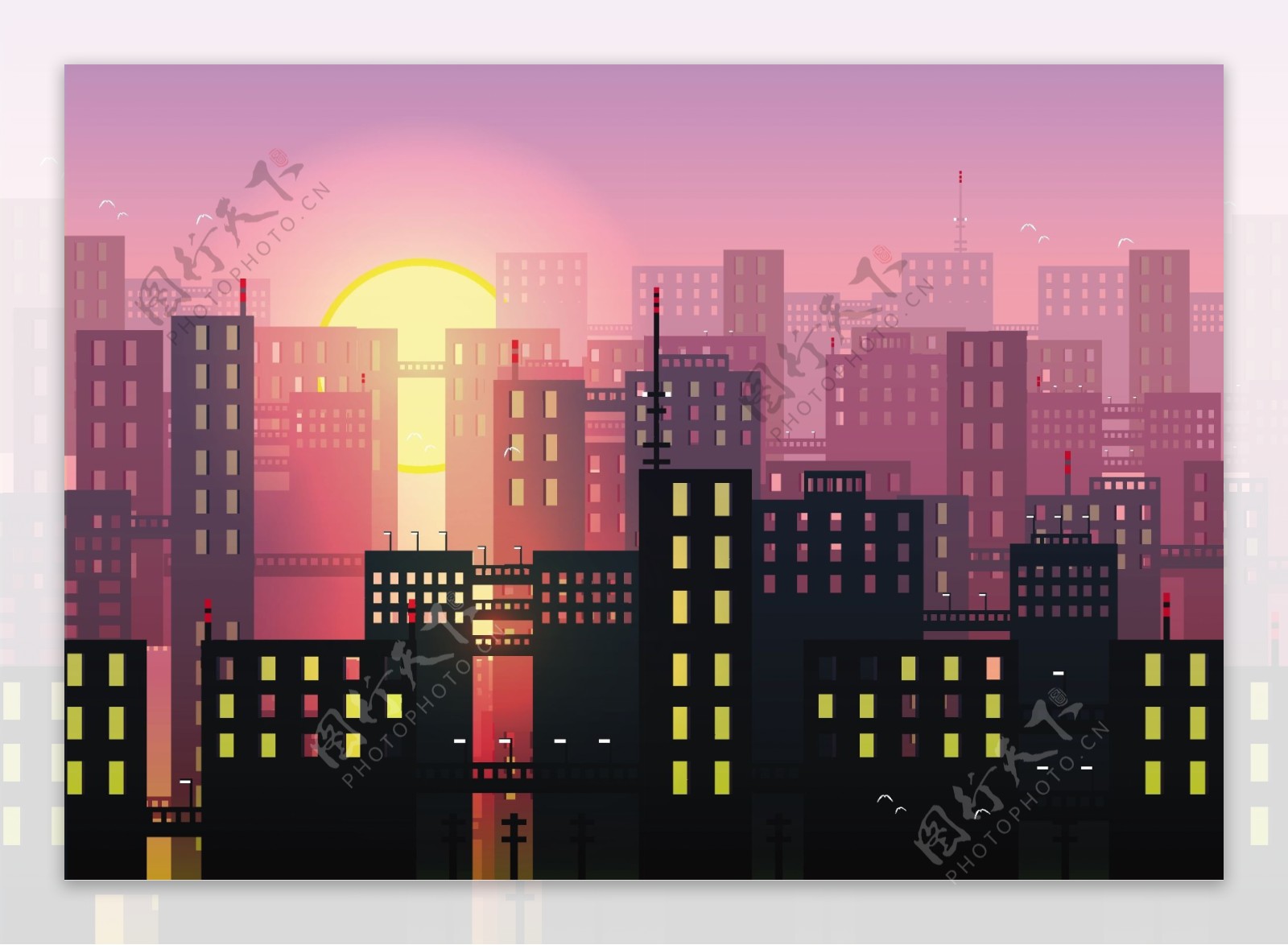 手绘城市天际线夕阳背景