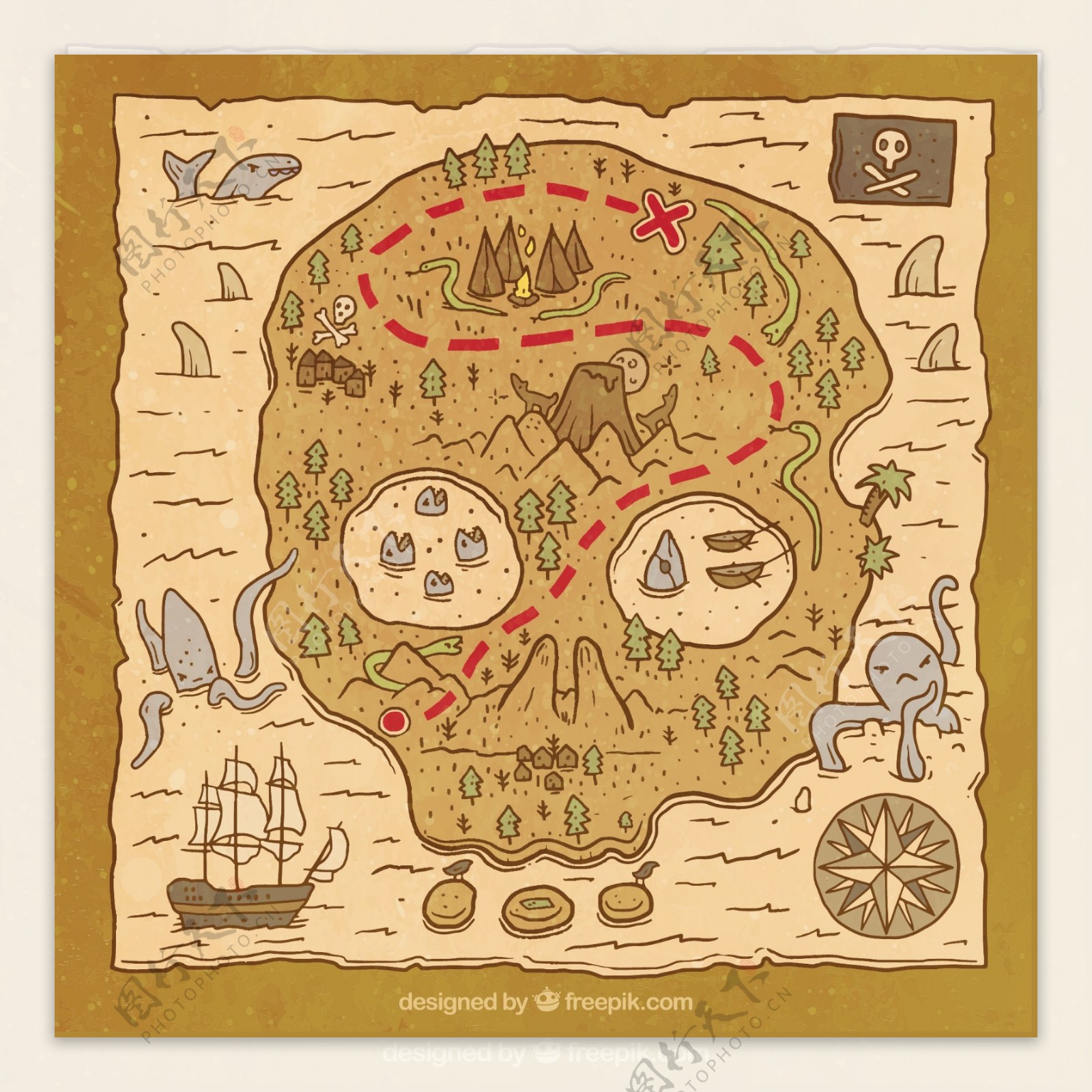 复古风格海盗船地图背景平面设计素材
