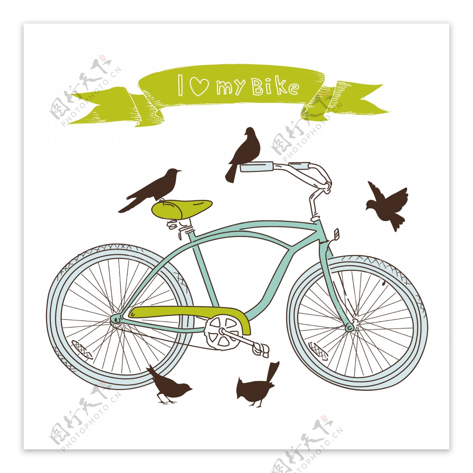 我的心我的自行车手工绘制的自行车和鸟