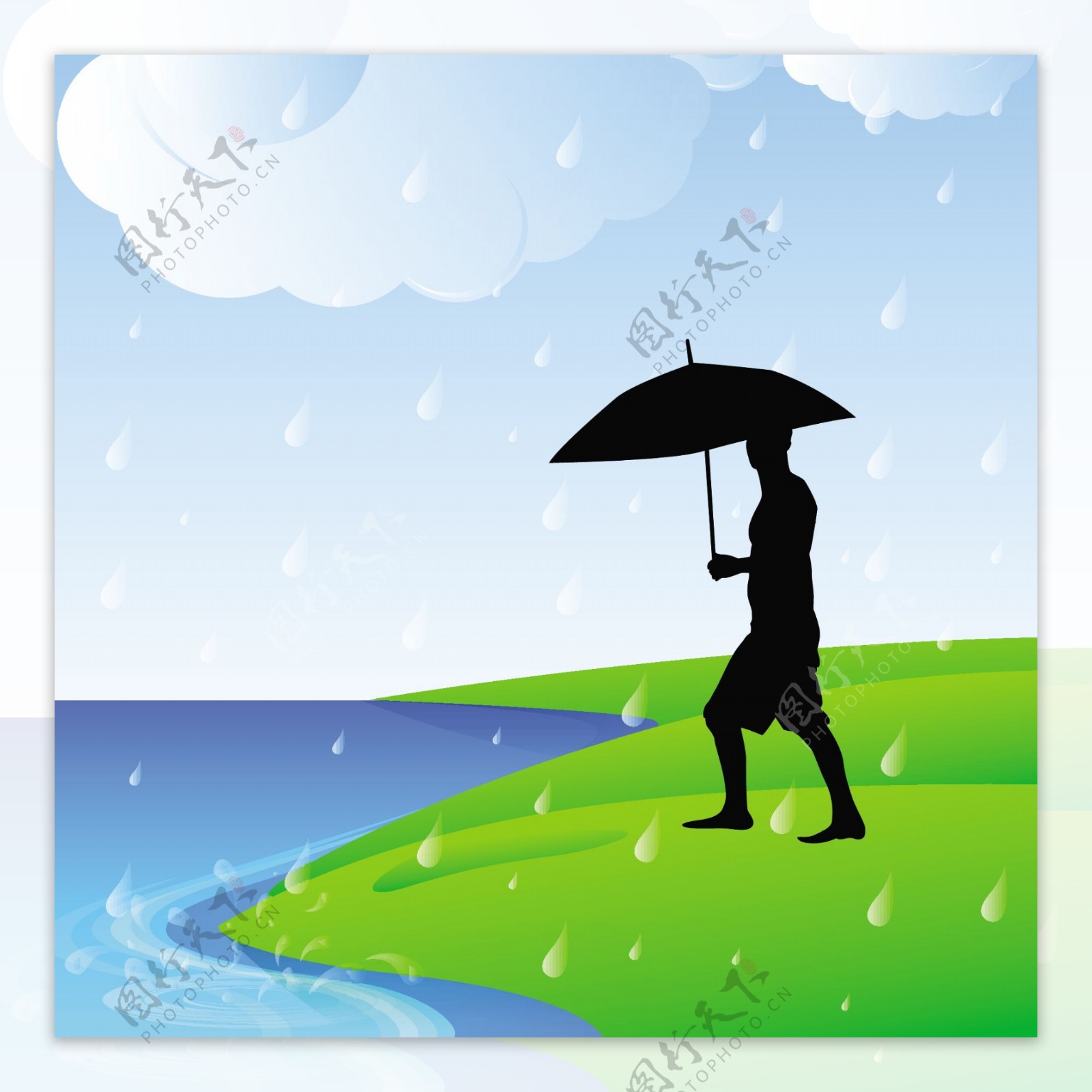 摘要背景与雨季的一个人拿着伞的剪影