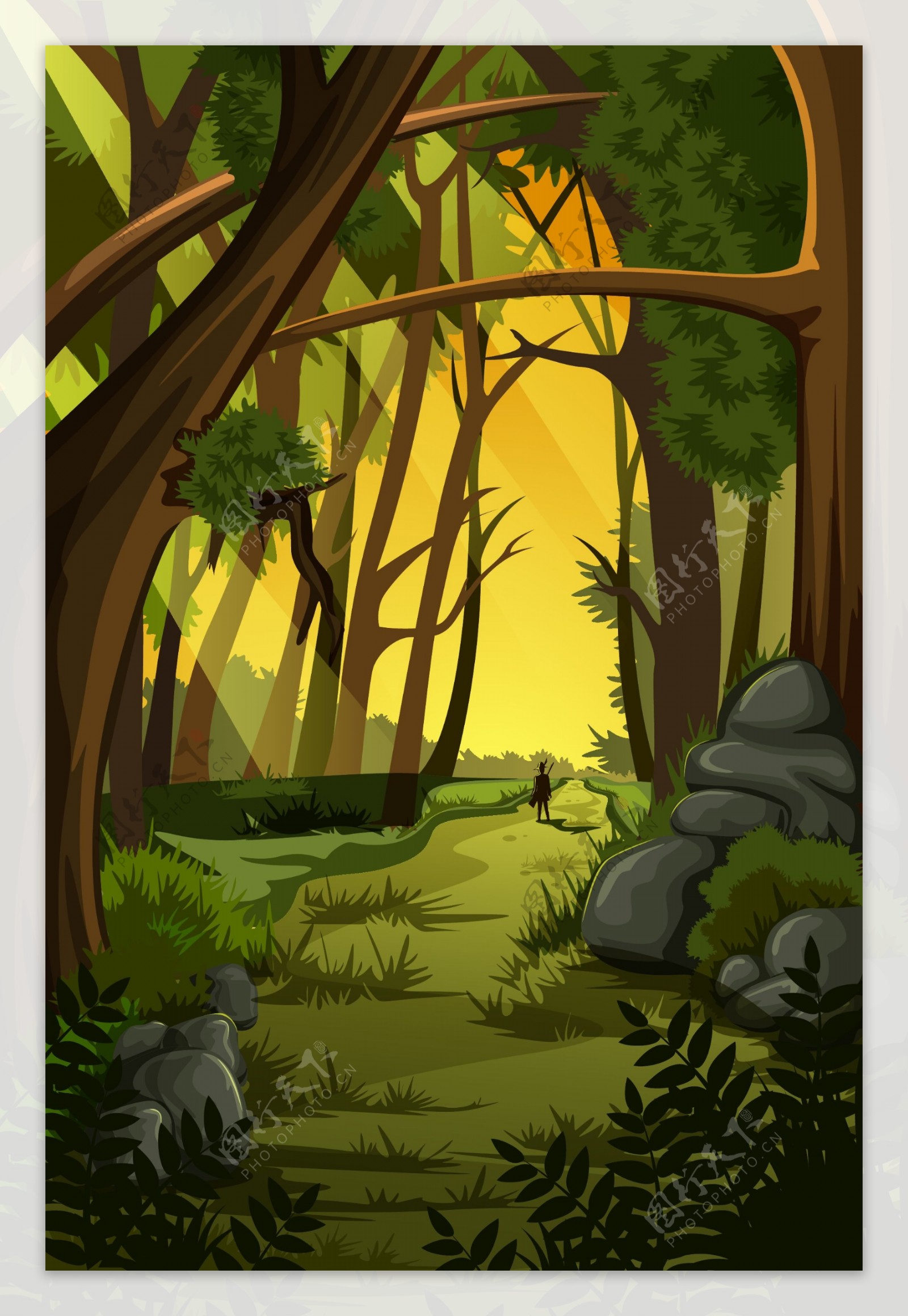 绿色森林里的小路插画