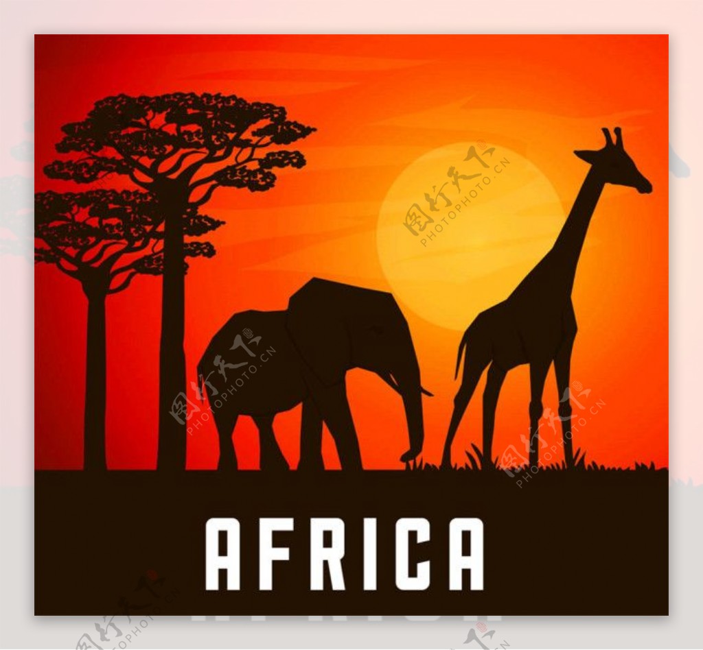 晚上丛林里的卡通大象和长颈鹿插画图片素材_ID:409128941-Veer图库