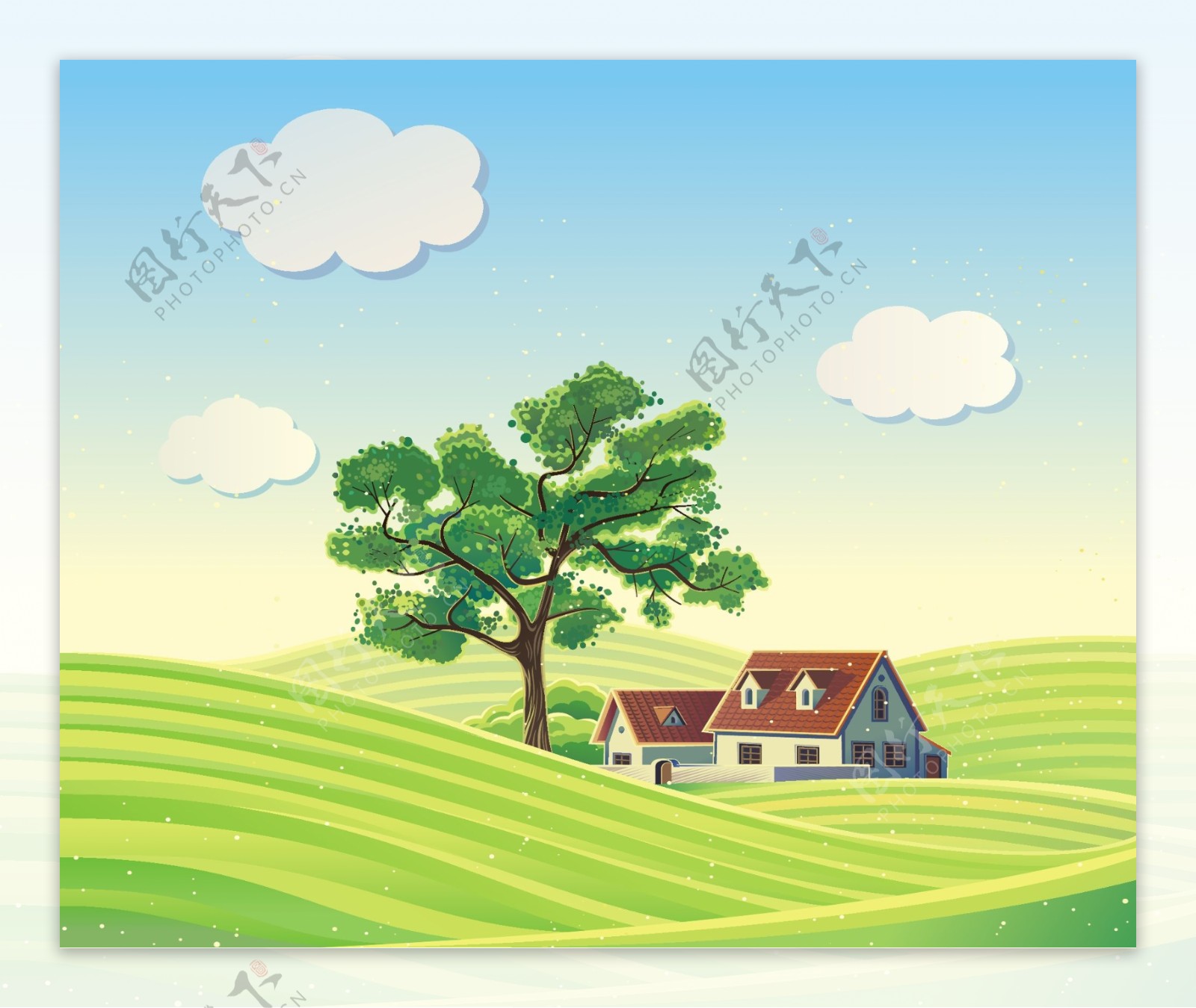 农场里的大树和房子矢量