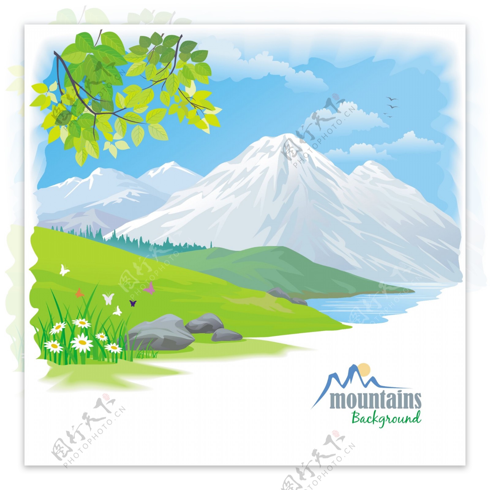 卡通雪山自然风景矢量素材图片