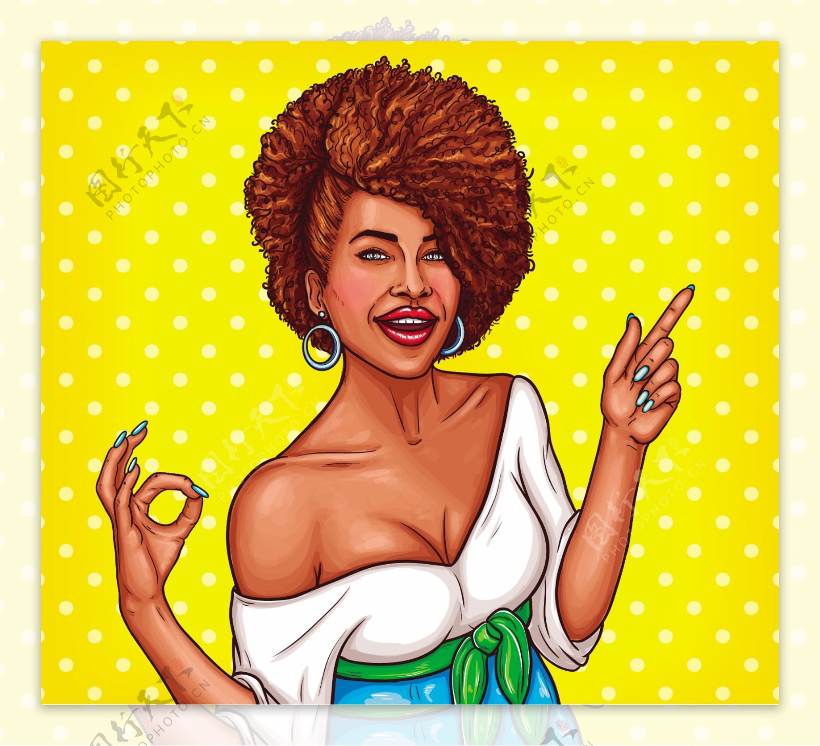 矢量波普艺术插图的一个黑人妇女显示的迹象并指出手指的方向