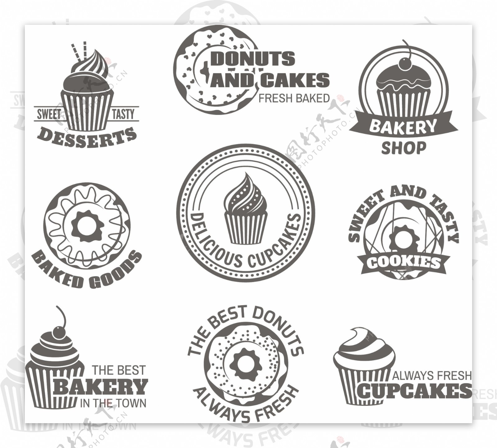 食甜可口甜点甜甜圈和蛋糕的标签集合分离的矢量插画