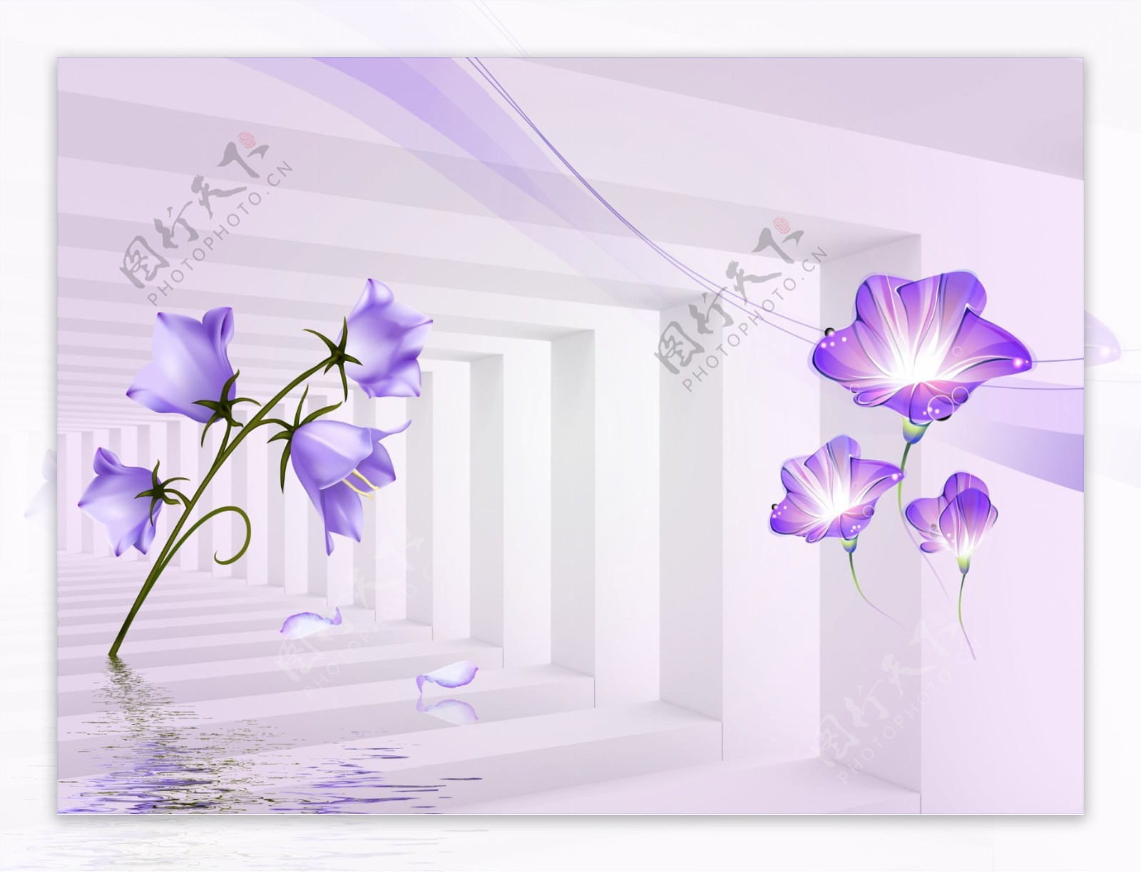 中式大方紫色花朵背景电视墙