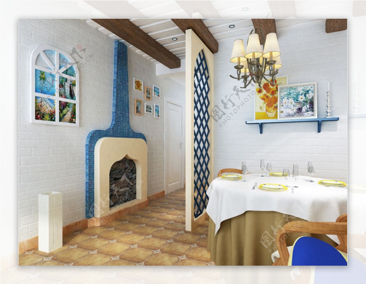 地中海白色砖纹壁纸餐厅背景墙效果图