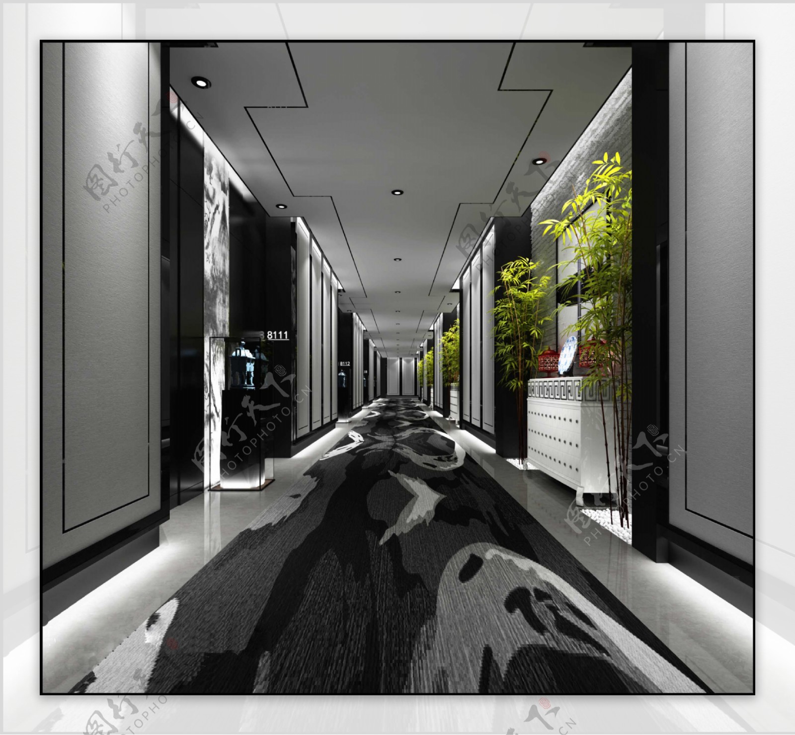 现代时尚冷淡风灰色花纹地板酒店走廊装修图