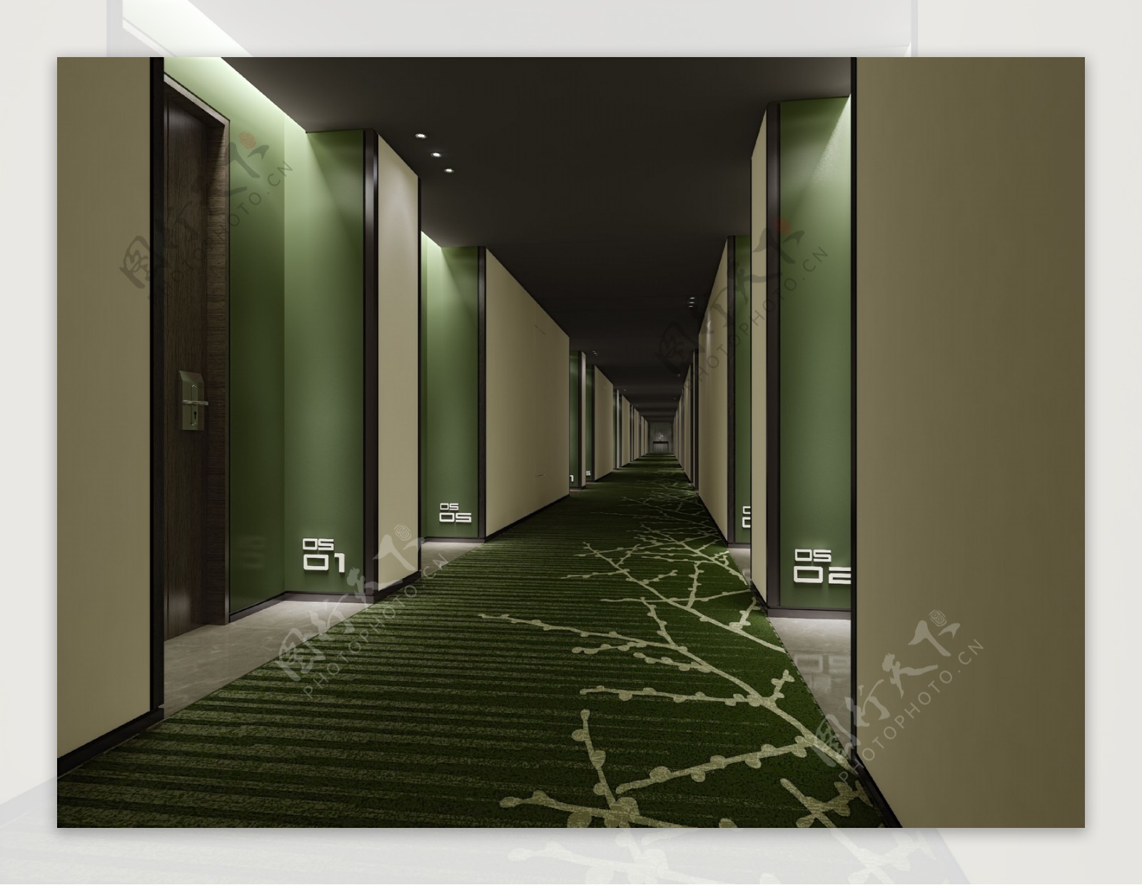 现代时尚酒店走廊墨绿地毯工装装修效果图