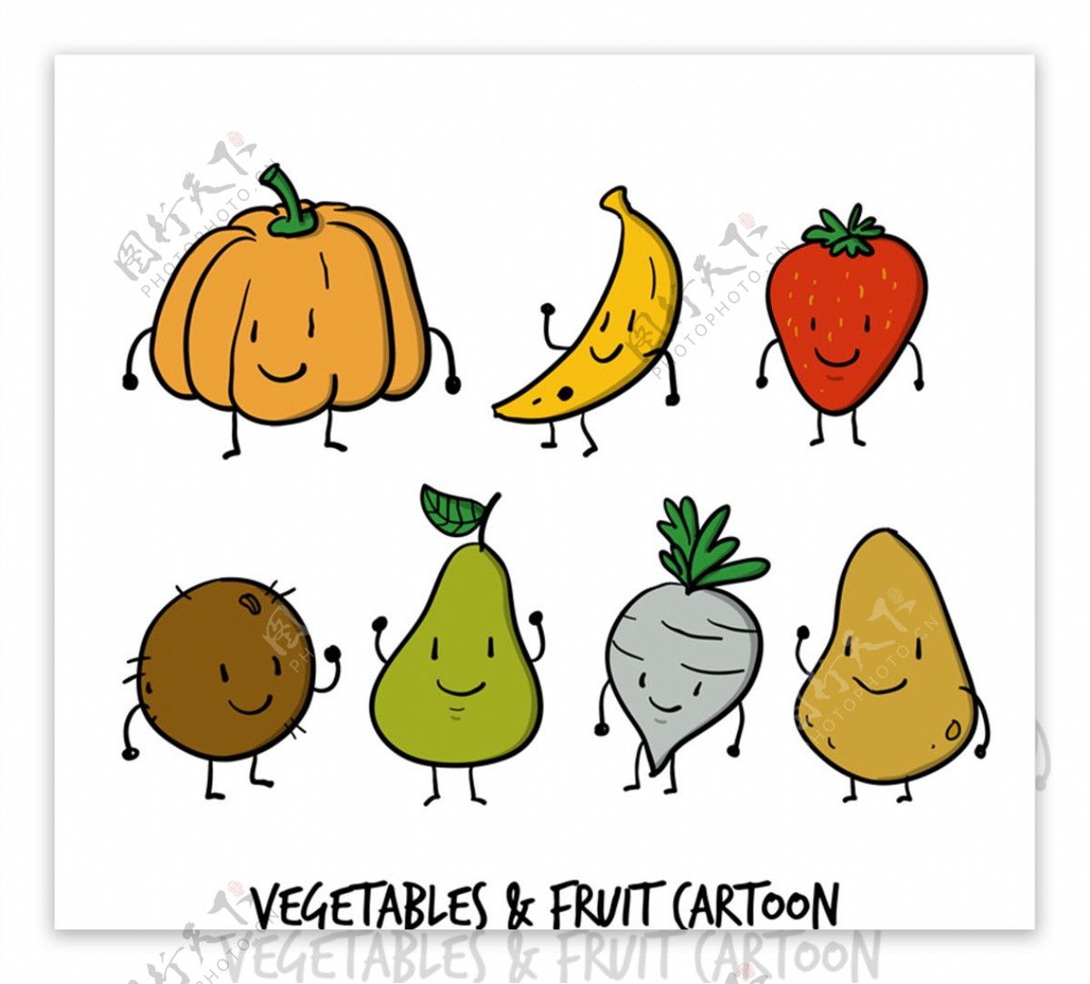 7款彩绘可爱蔬菜和水果矢量图