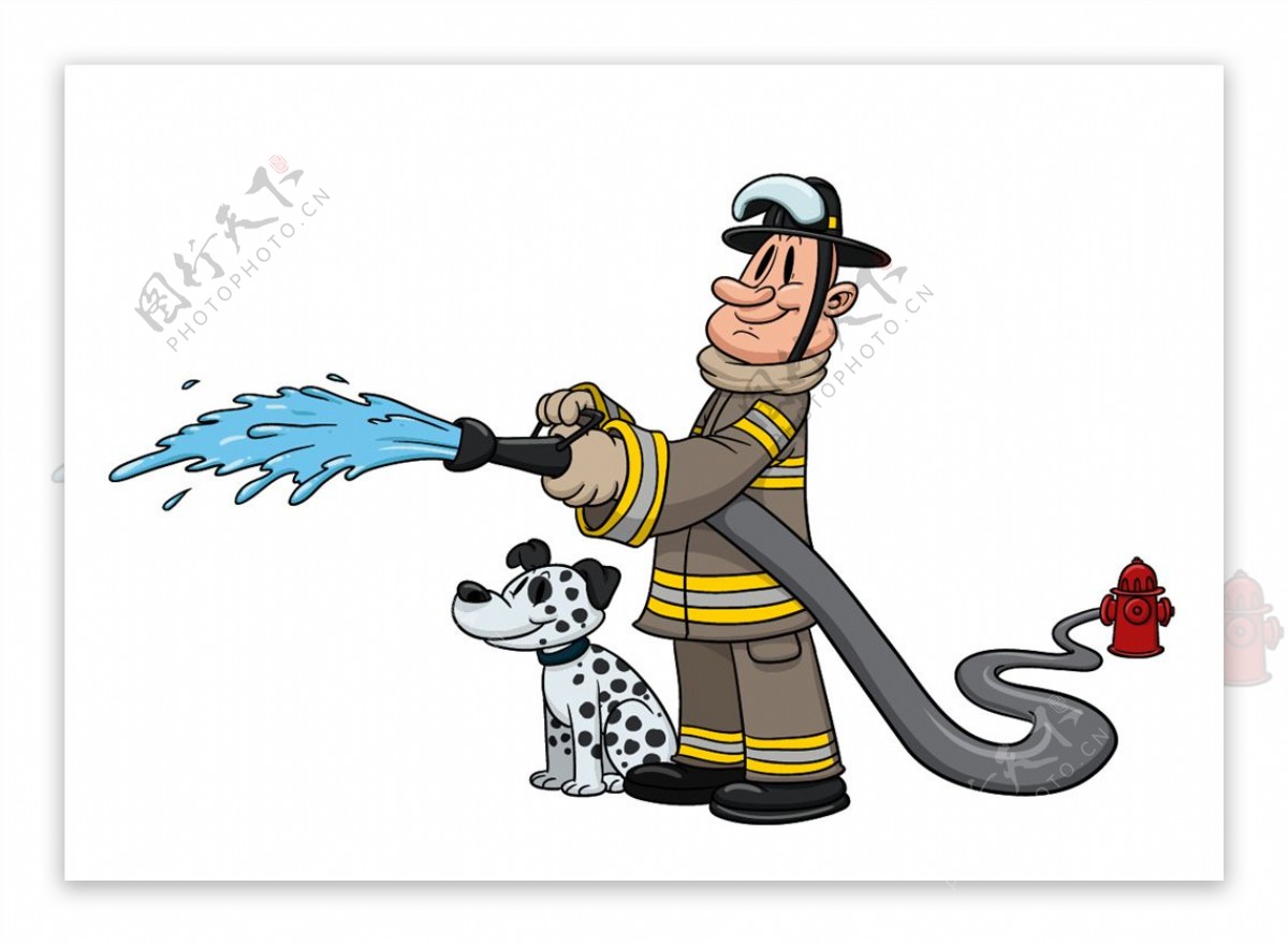 拿着消防管的消防员和小狗矢量素