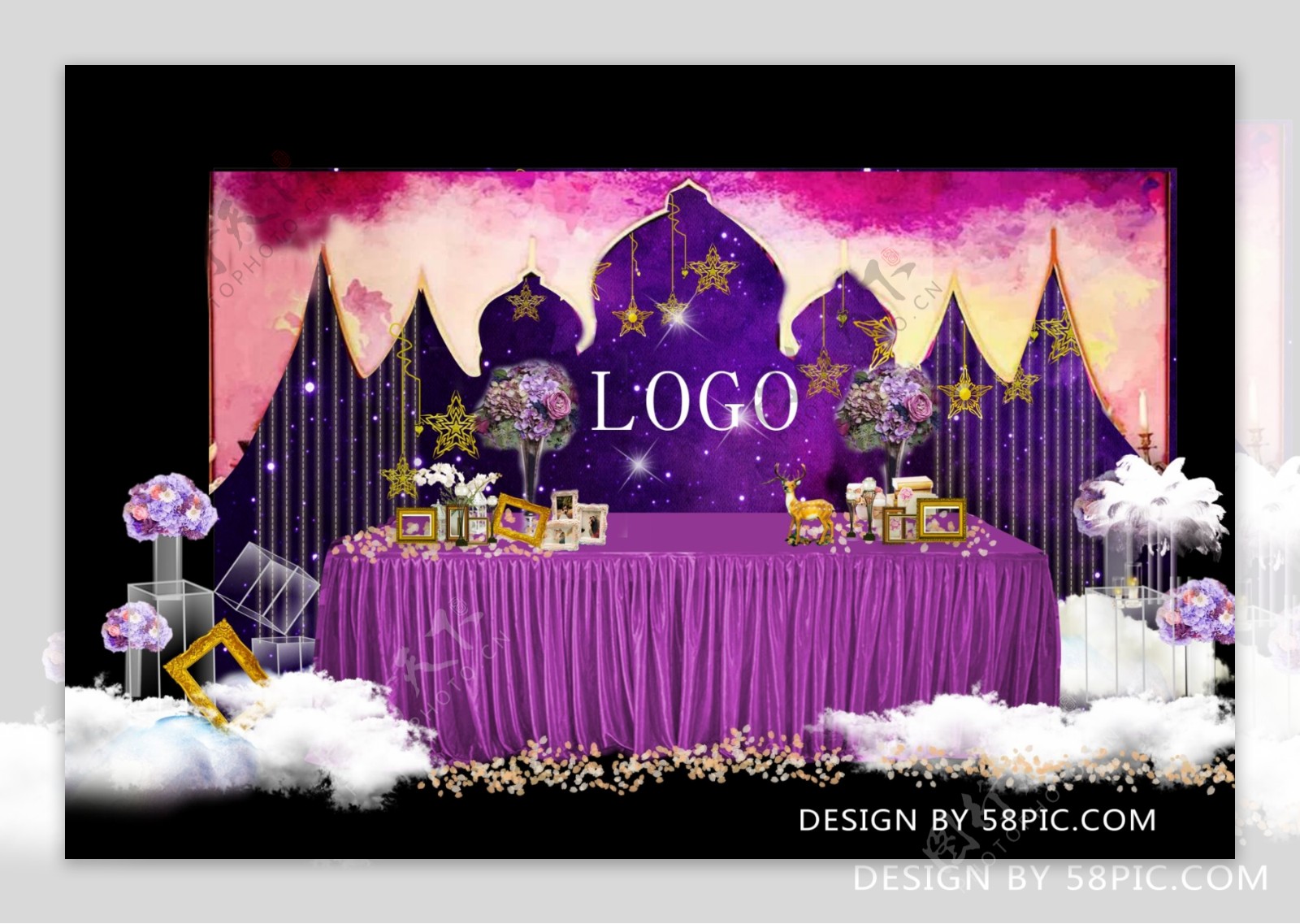 室内设计紫色星空婚礼甜品区签到区psd效果图