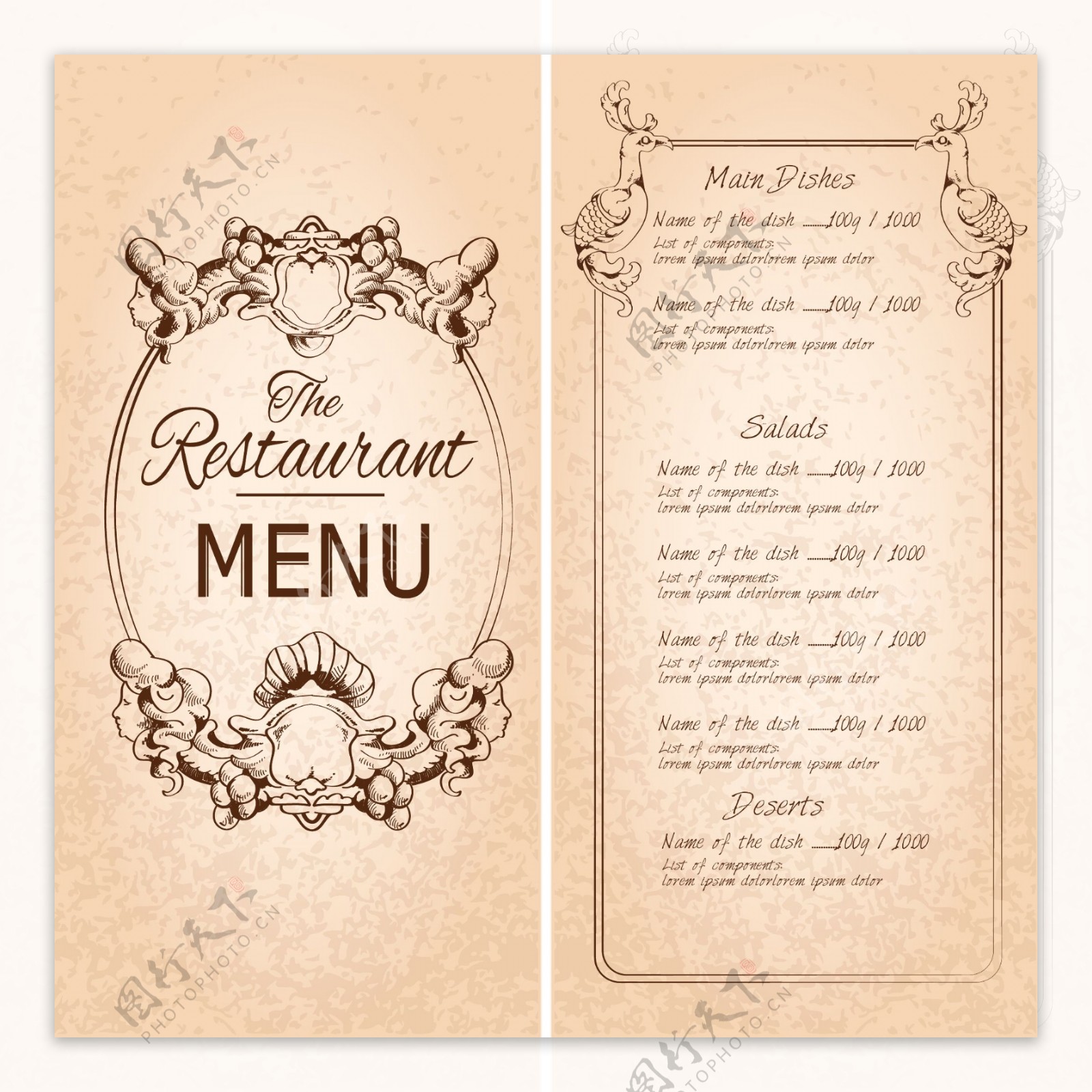经典怀旧餐厅菜单模板的框架和装饰矢量插图