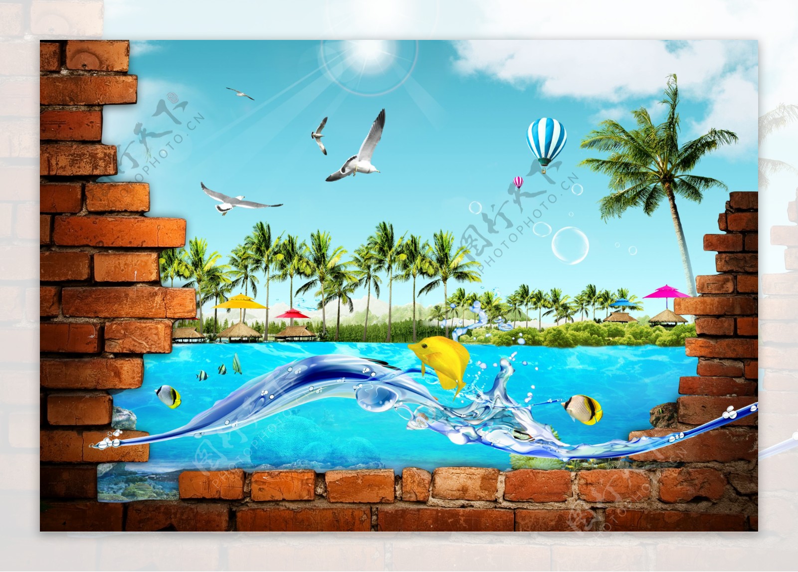 3d立体卡通海豚湾壁画墙画