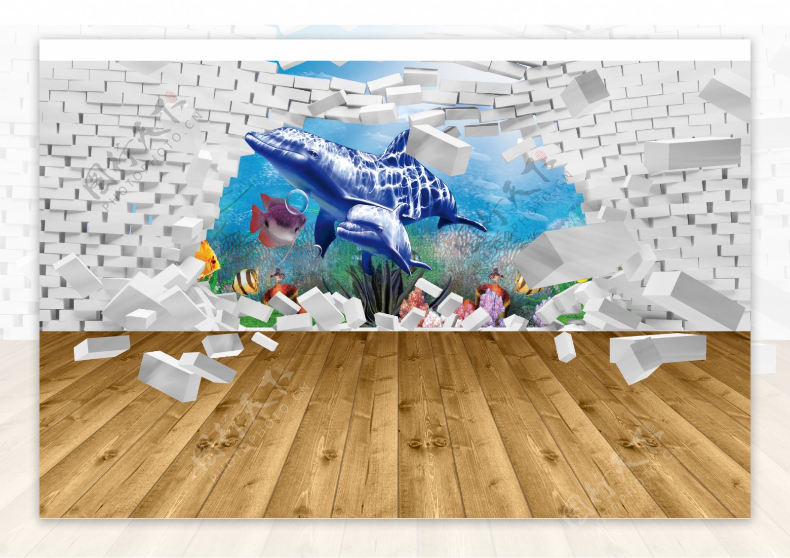 3D创意高清立体海豚砖块背景墙