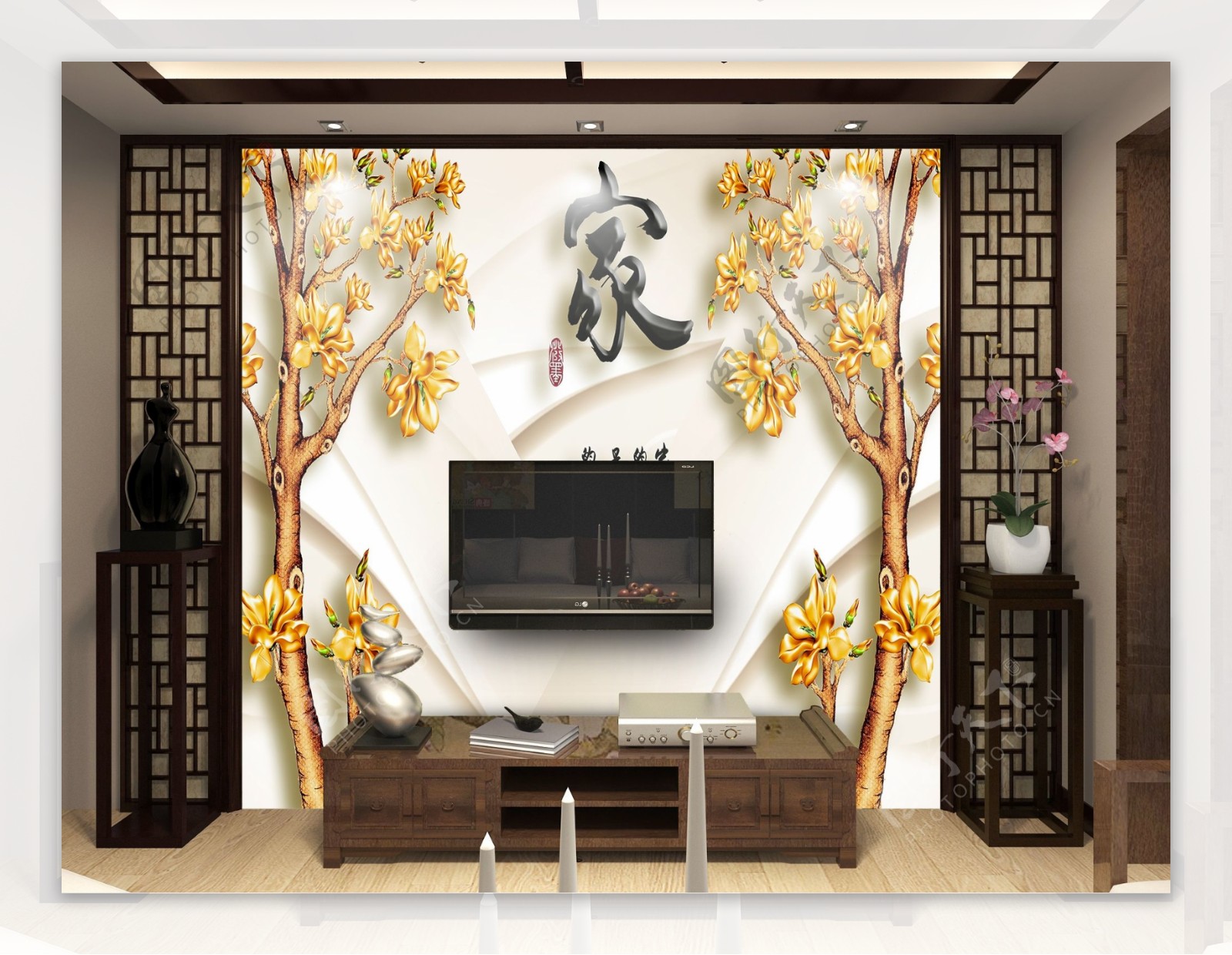 中式电视背景墙效果图模板