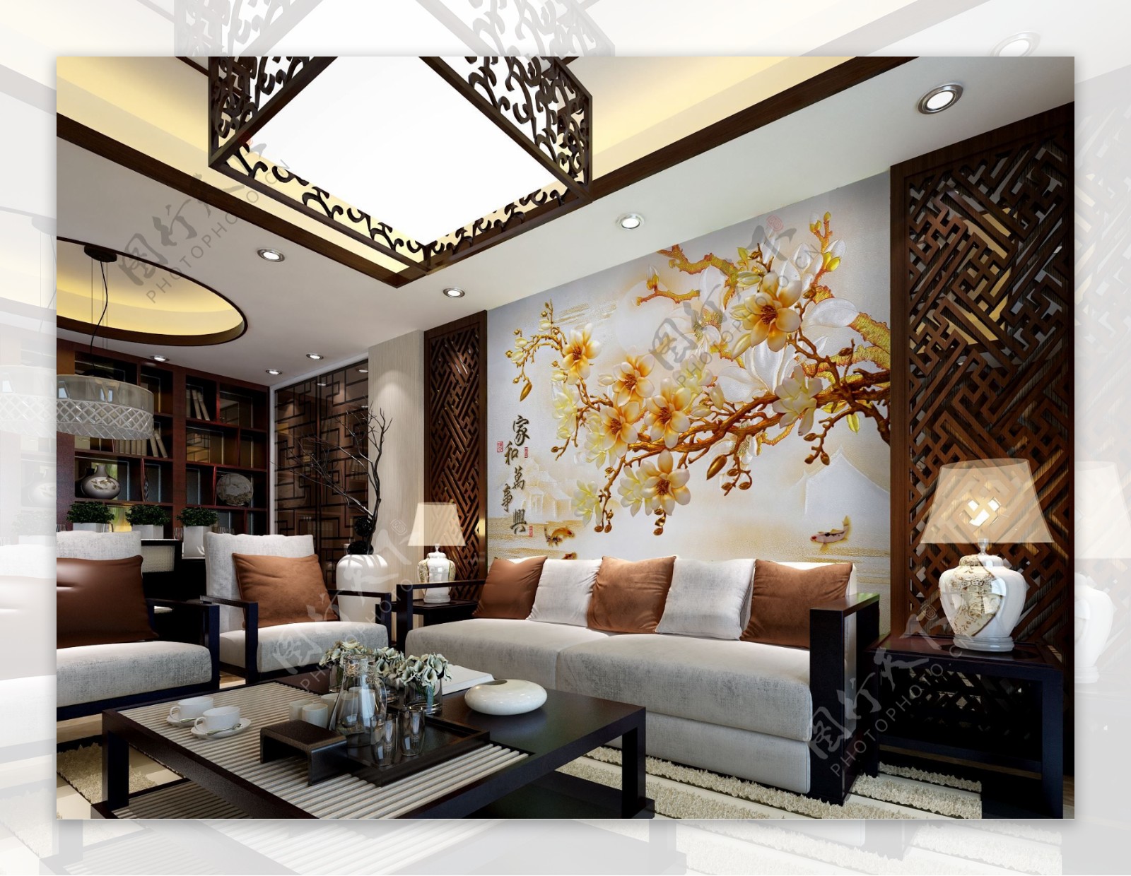 中式客厅沙发背景墙可印刷