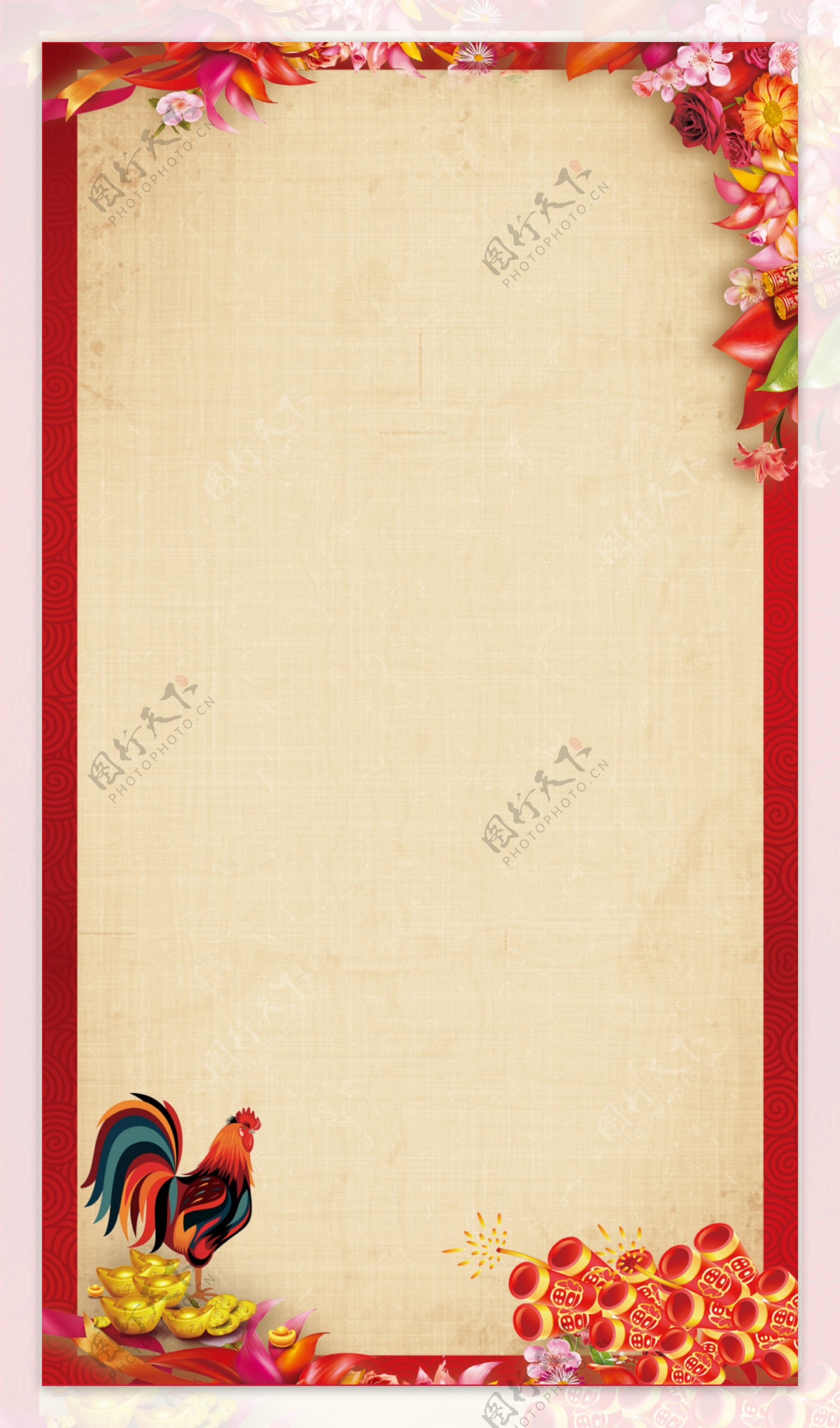 手绘红色花朵边框鸡年H5背景素材