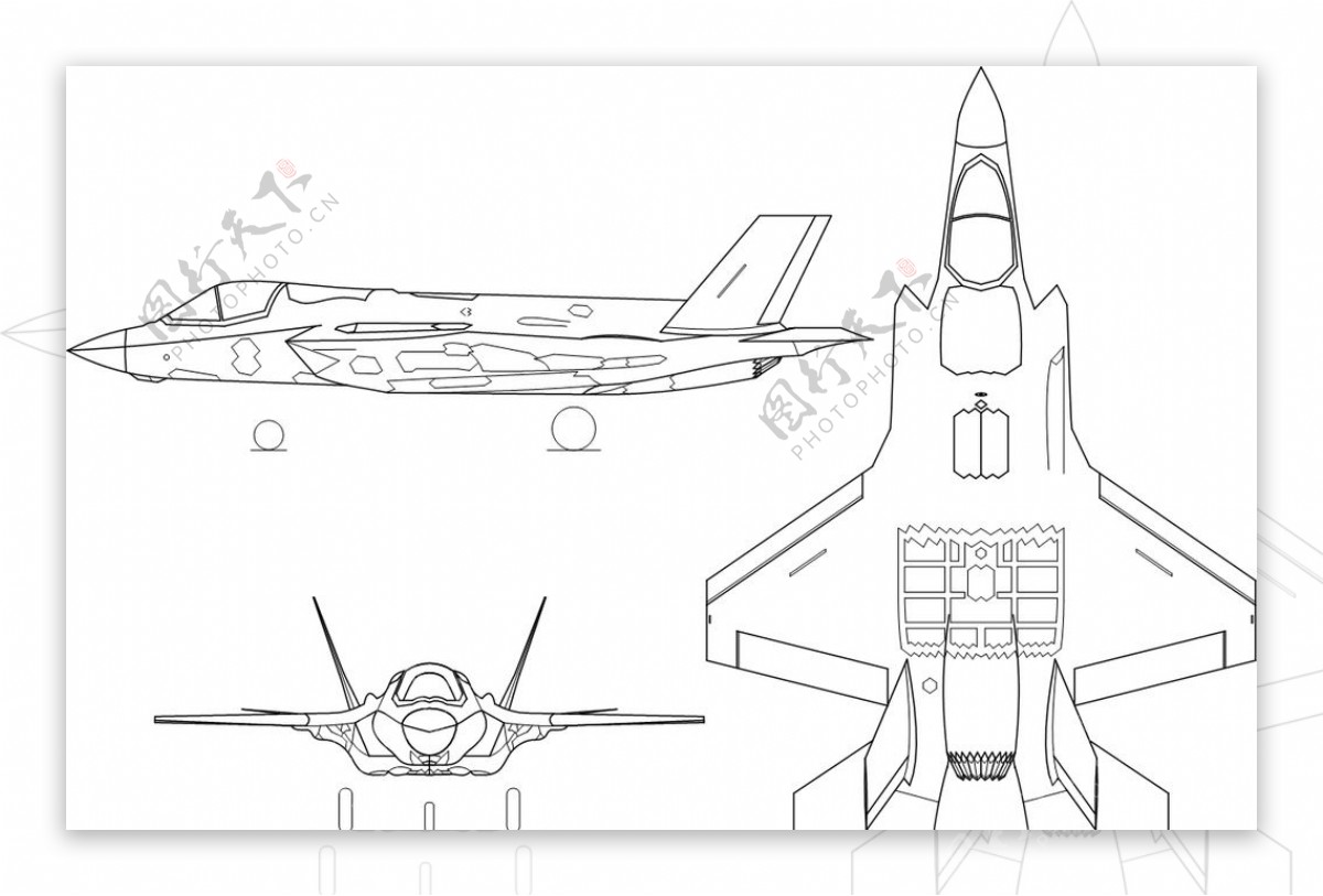 隐身战机F35B矢量三视图线稿