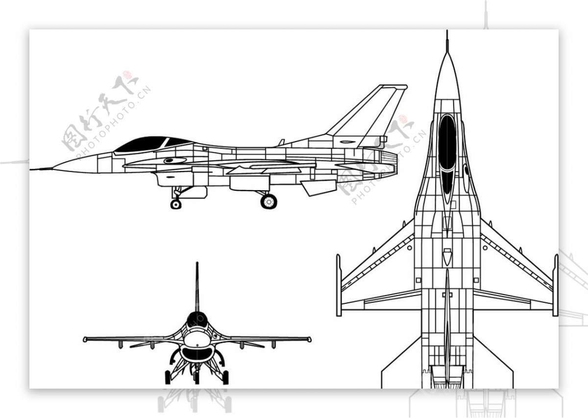美军F16C战斗机矢量三视图线