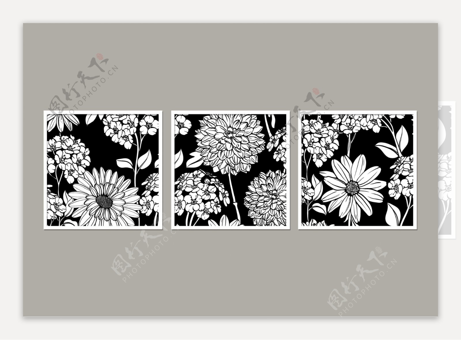 现代简约黑白花朵三联装饰画
