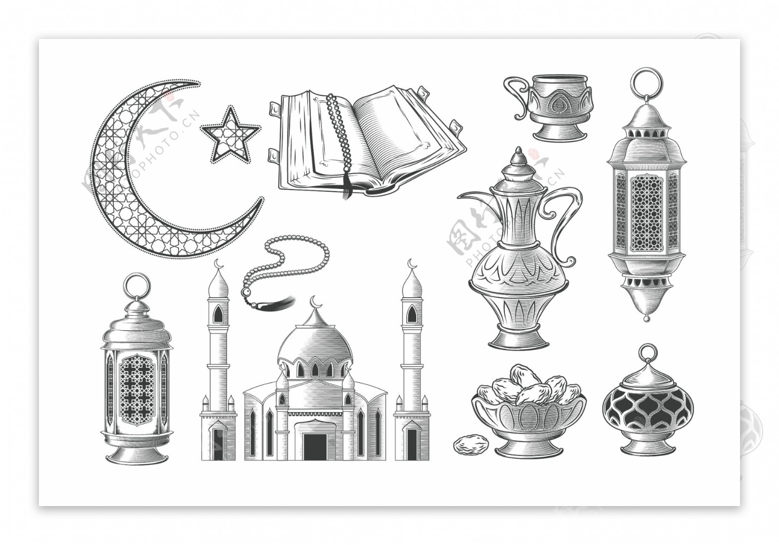 一套矢量穆斯林插图祈祷图标和斋月卡里姆在雕刻风格