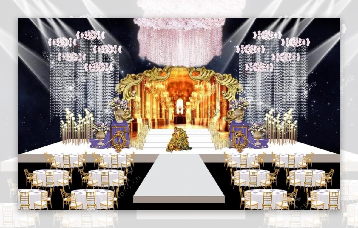 欧式花纹教堂水晶吊顶婚礼主背景效果图
